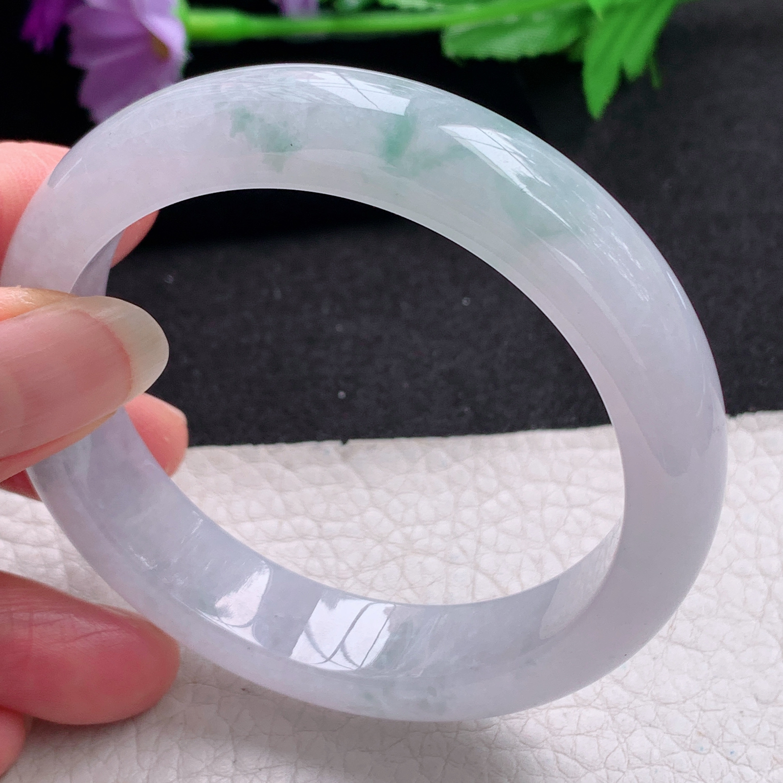 xo淡雅款57*13.3*8.8平安镯 天然缅甸翡翠A货手镯冰飘花正圈玉手环