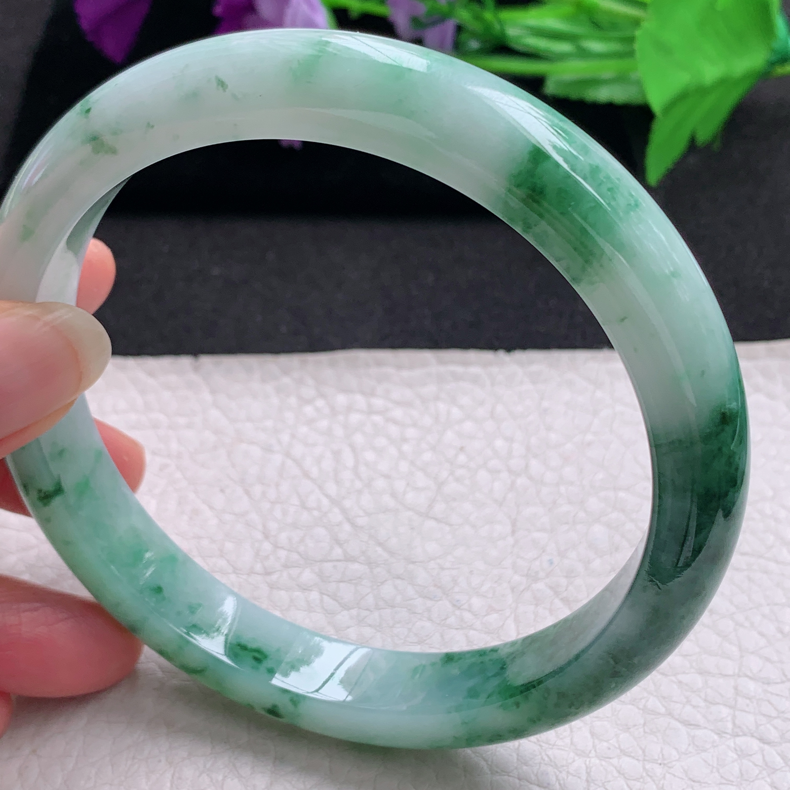 js大圈口71*12.3*9臂镯 缅甸翡翠a货玉手镯精美冰飘花正圈玉手环