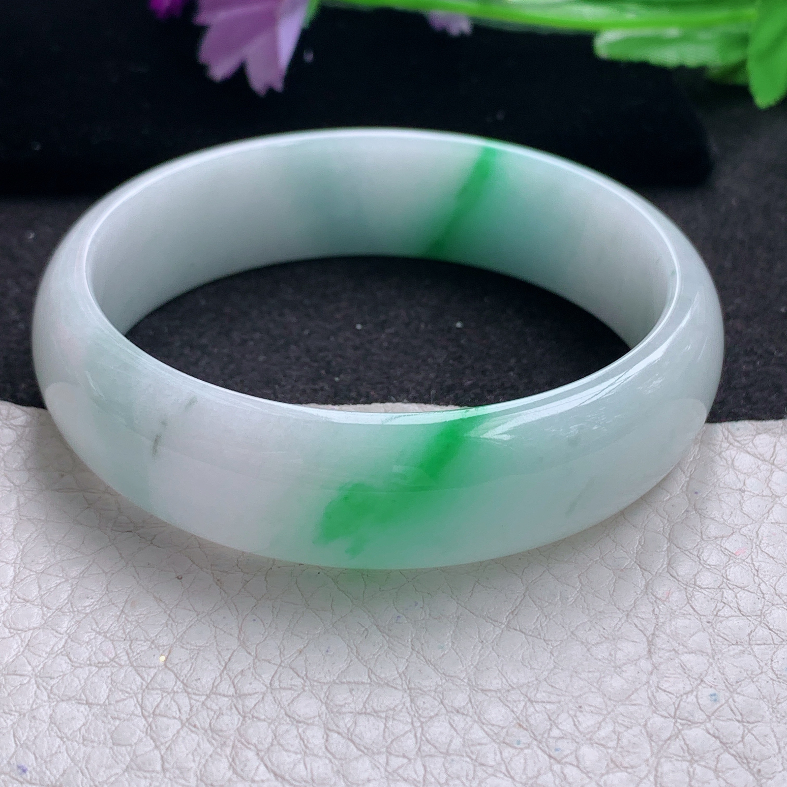 xc实拍58.5*16*6.7轮胎镯 天然缅甸翡翠A货手镯白底青宽边玉手环