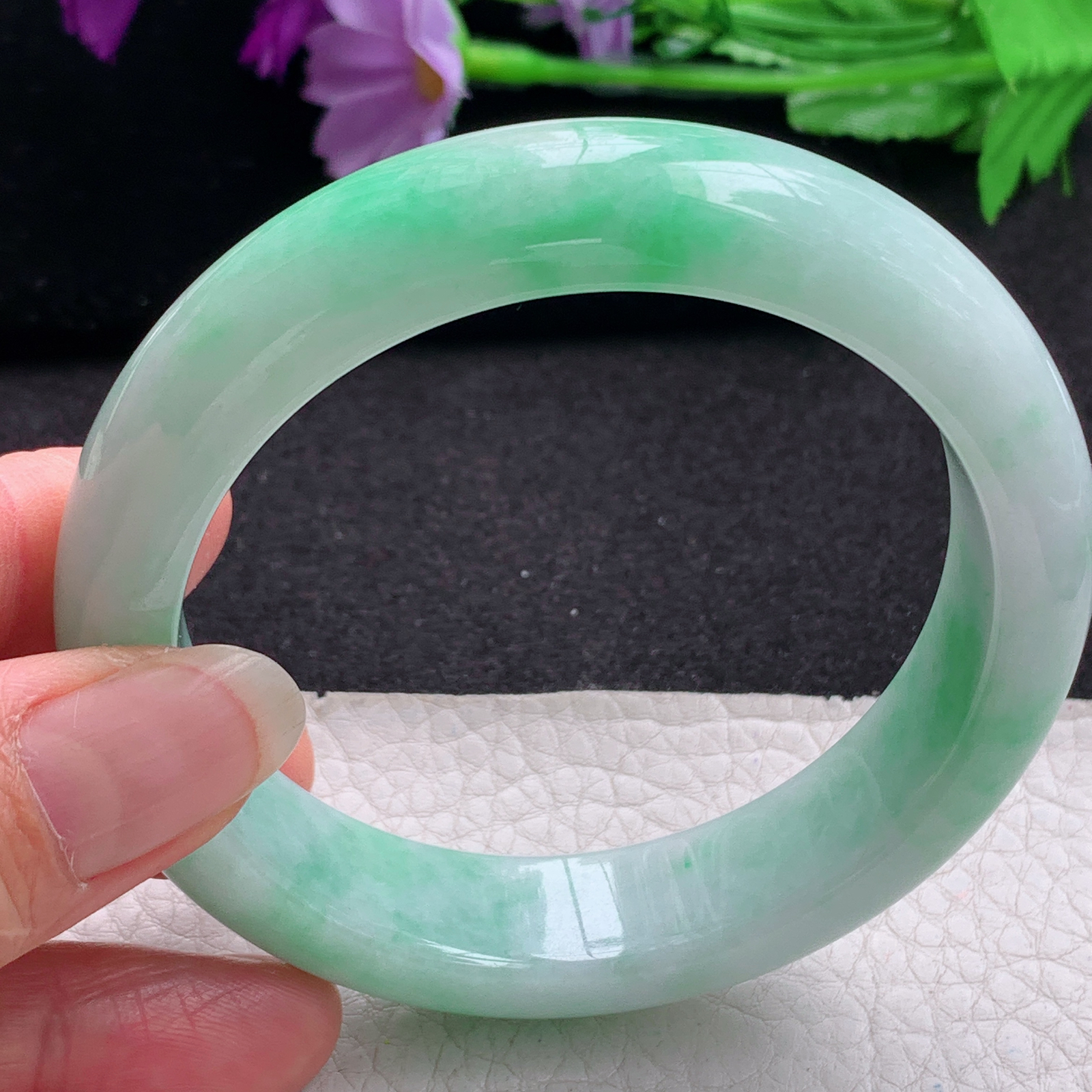 xc实拍59*14.8*9.3平安镯 天然缅甸翡翠A货手镯白底青厚装正圈玉手环