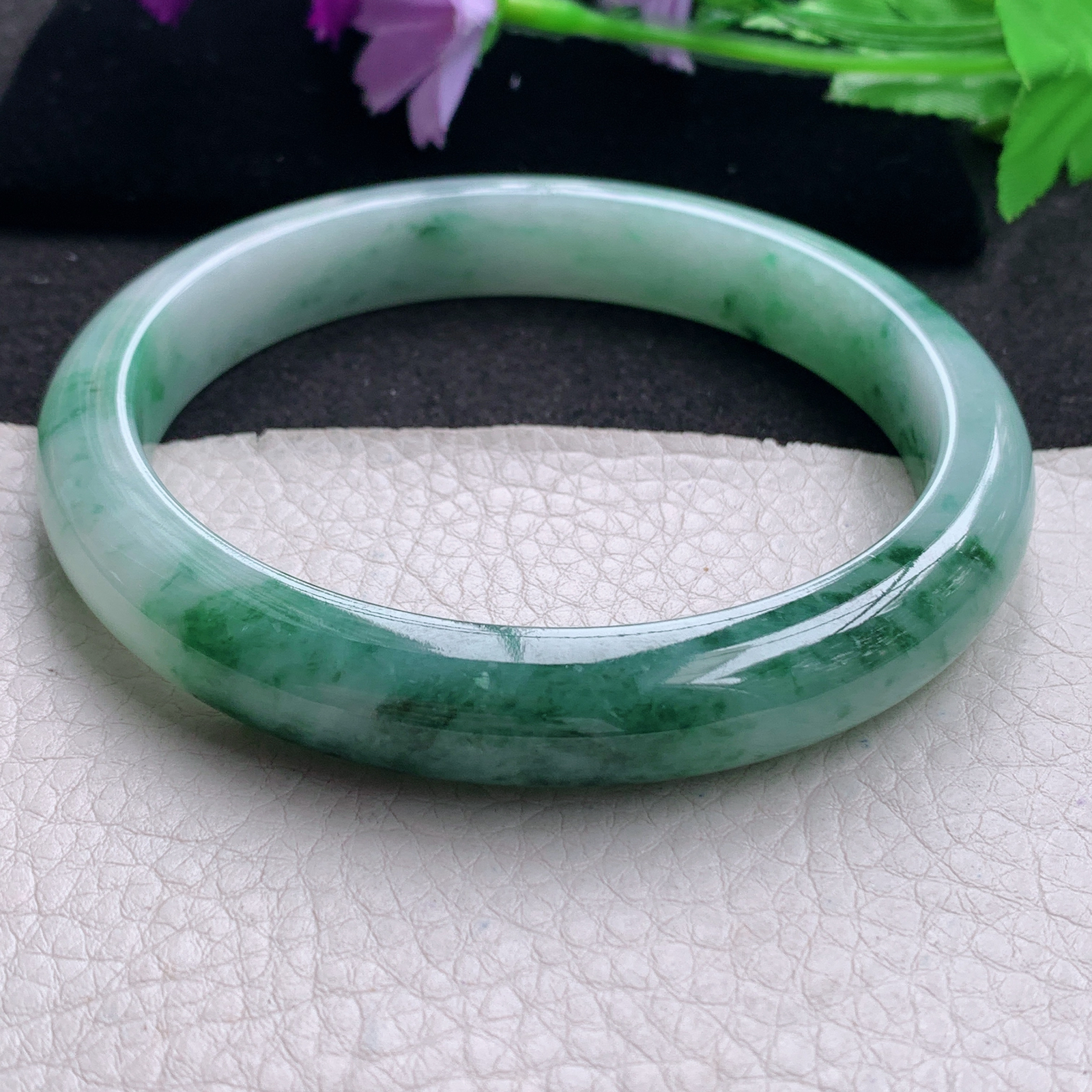 js大圈口71*12.3*9臂镯 缅甸翡翠a货玉手镯精美冰飘花正圈玉手环