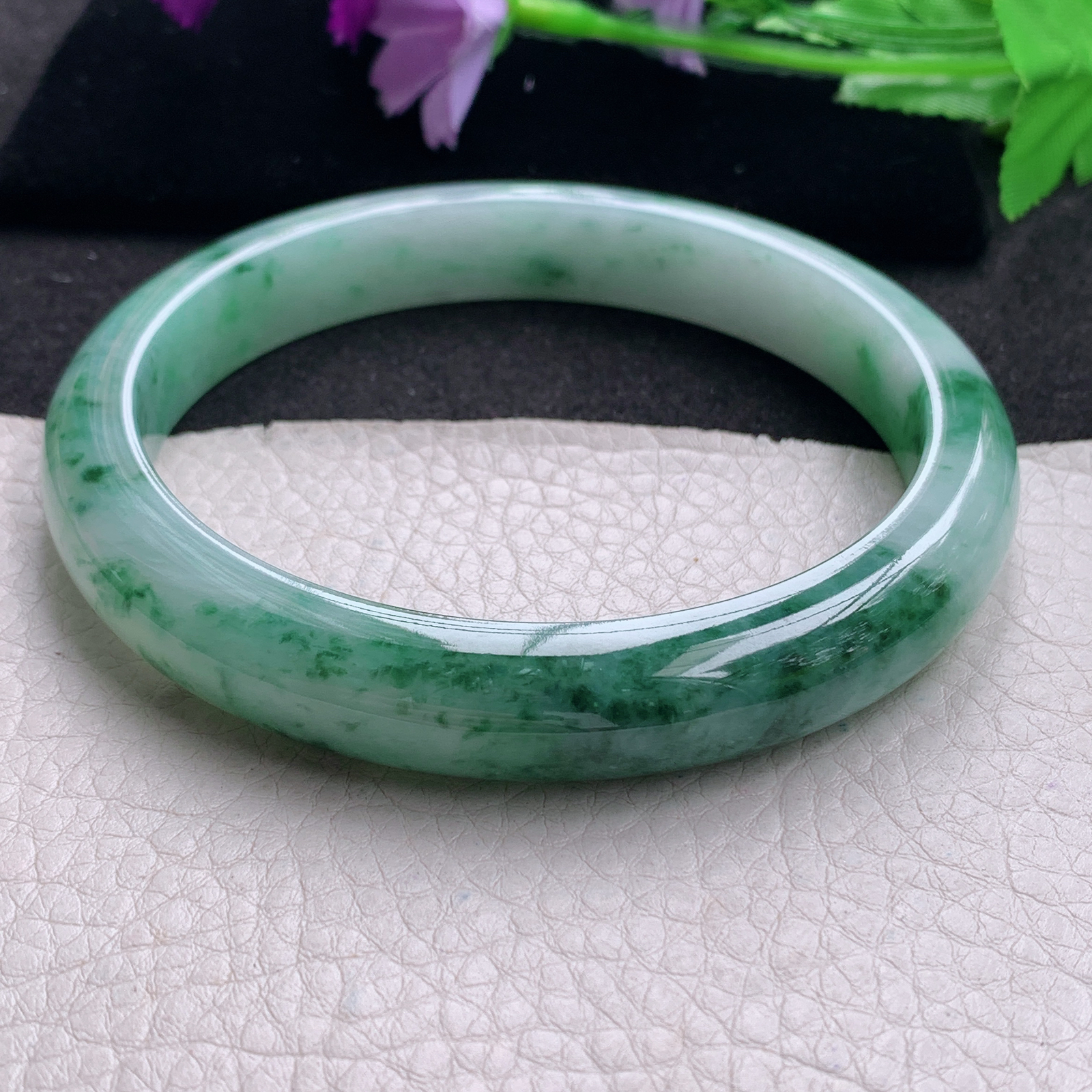 js大圈口71*12.3*9臂镯 缅甸翡翠a货玉手镯精美冰飘花正圈玉手环