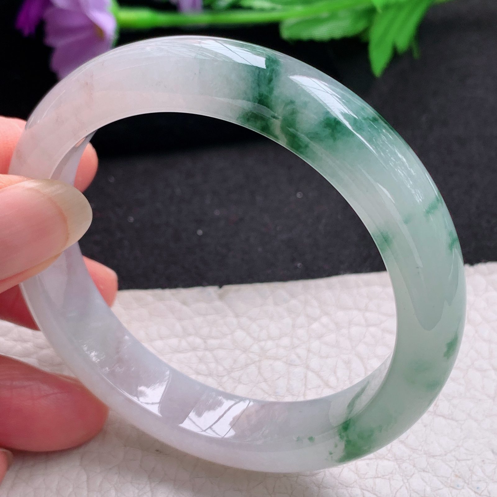 xo飘逸款55.8*12.5*8.5平安镯 天然缅甸翡翠A货手镯冰飘花正圈玉手环