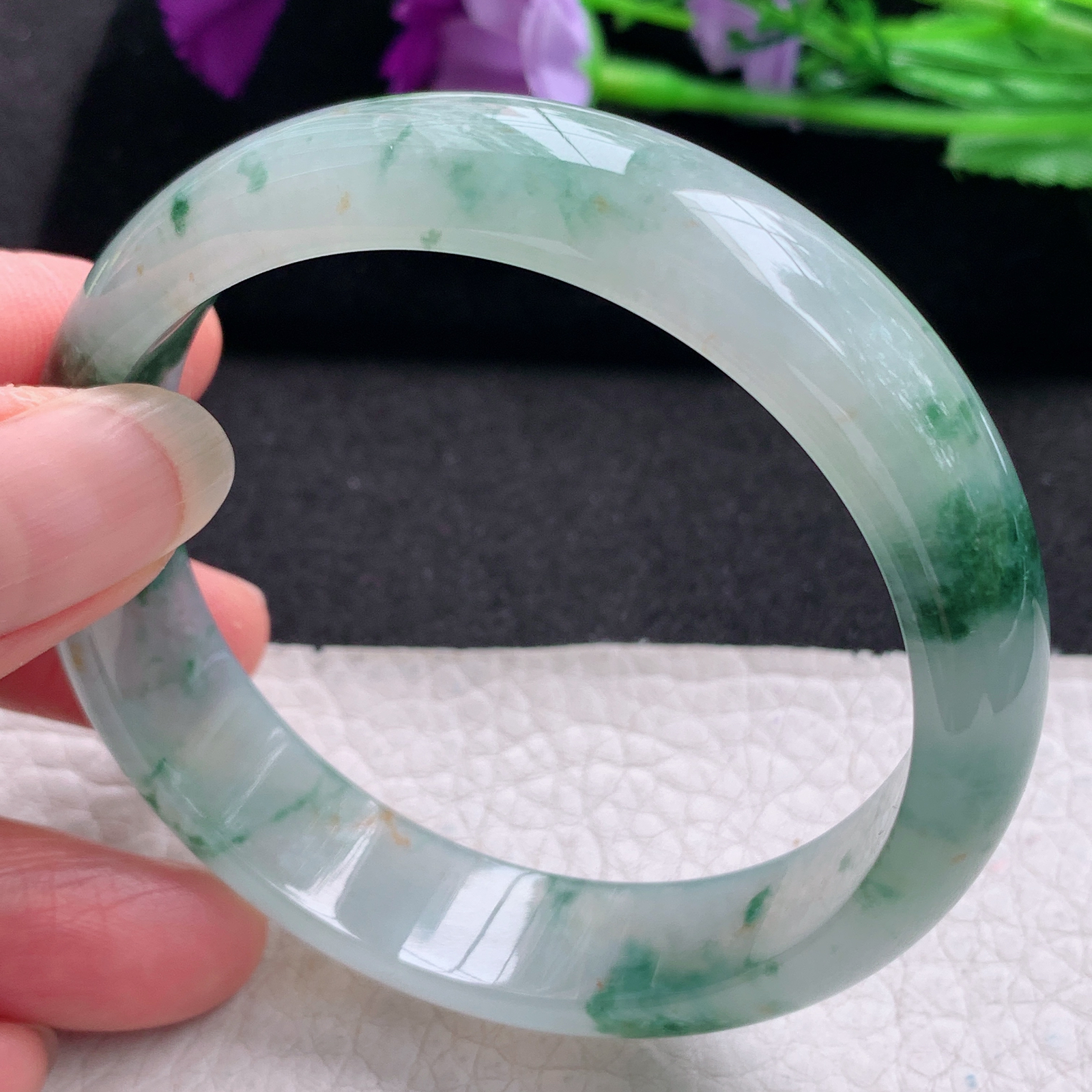 ax收藏款57.5*14.6*7.2平安镯 缅甸翡翠a货玉手镯精美冰飘花正圈玉手环
