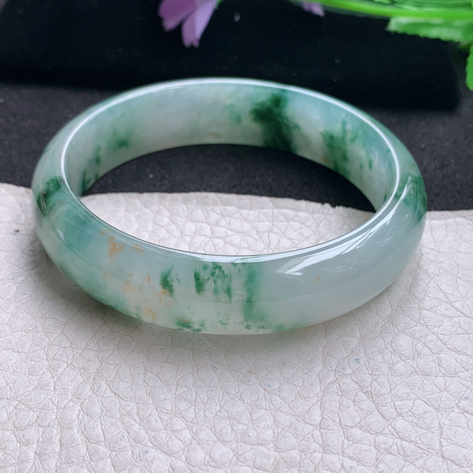 ax收藏款57.5*14.6*7.2平安镯 缅甸翡翠a货玉手镯精美冰飘花正圈玉手环