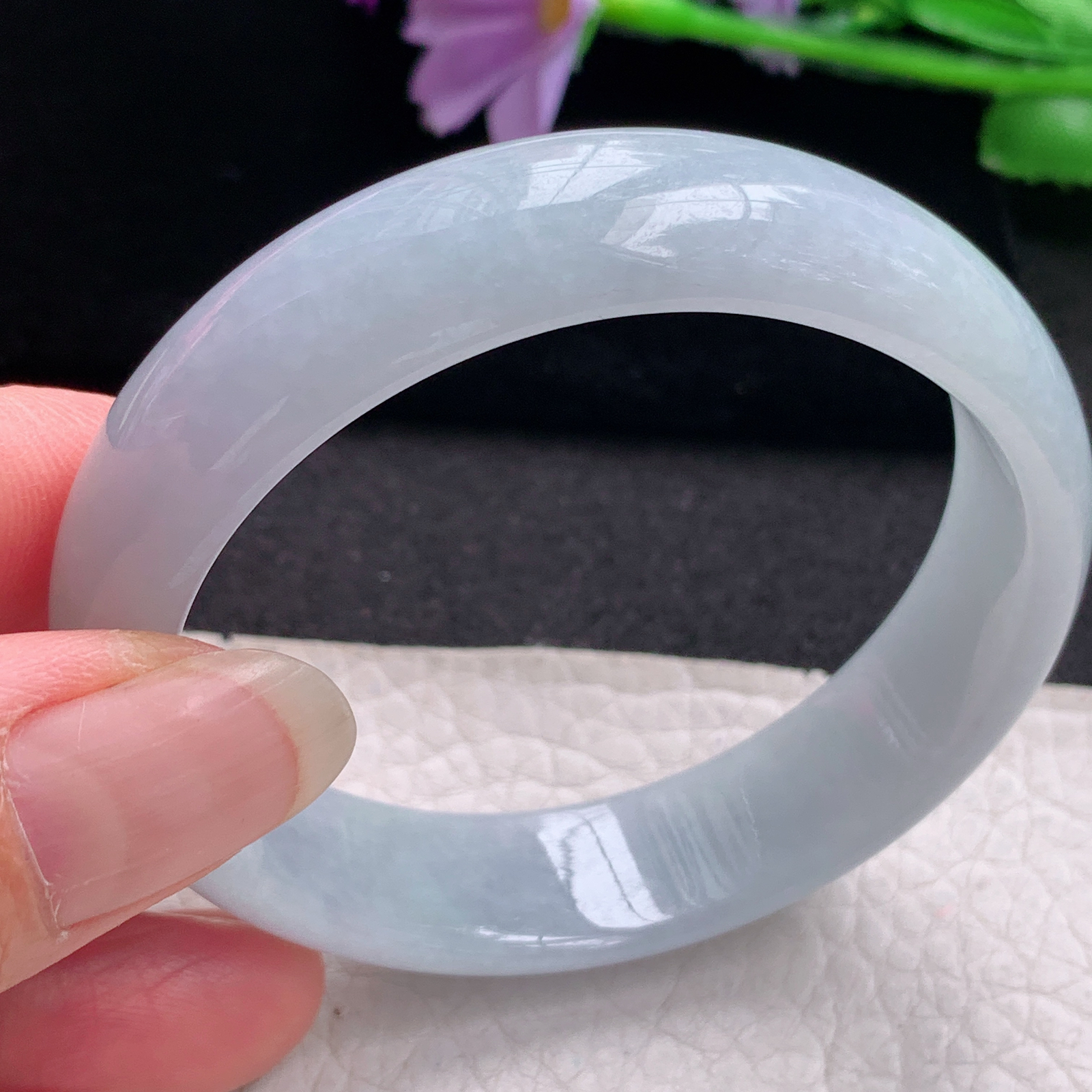 hh纯美款58*52.4*14*6.5贵妃镯 缅甸翡翠a货玉手镯精美淡紫蛋形玉手环