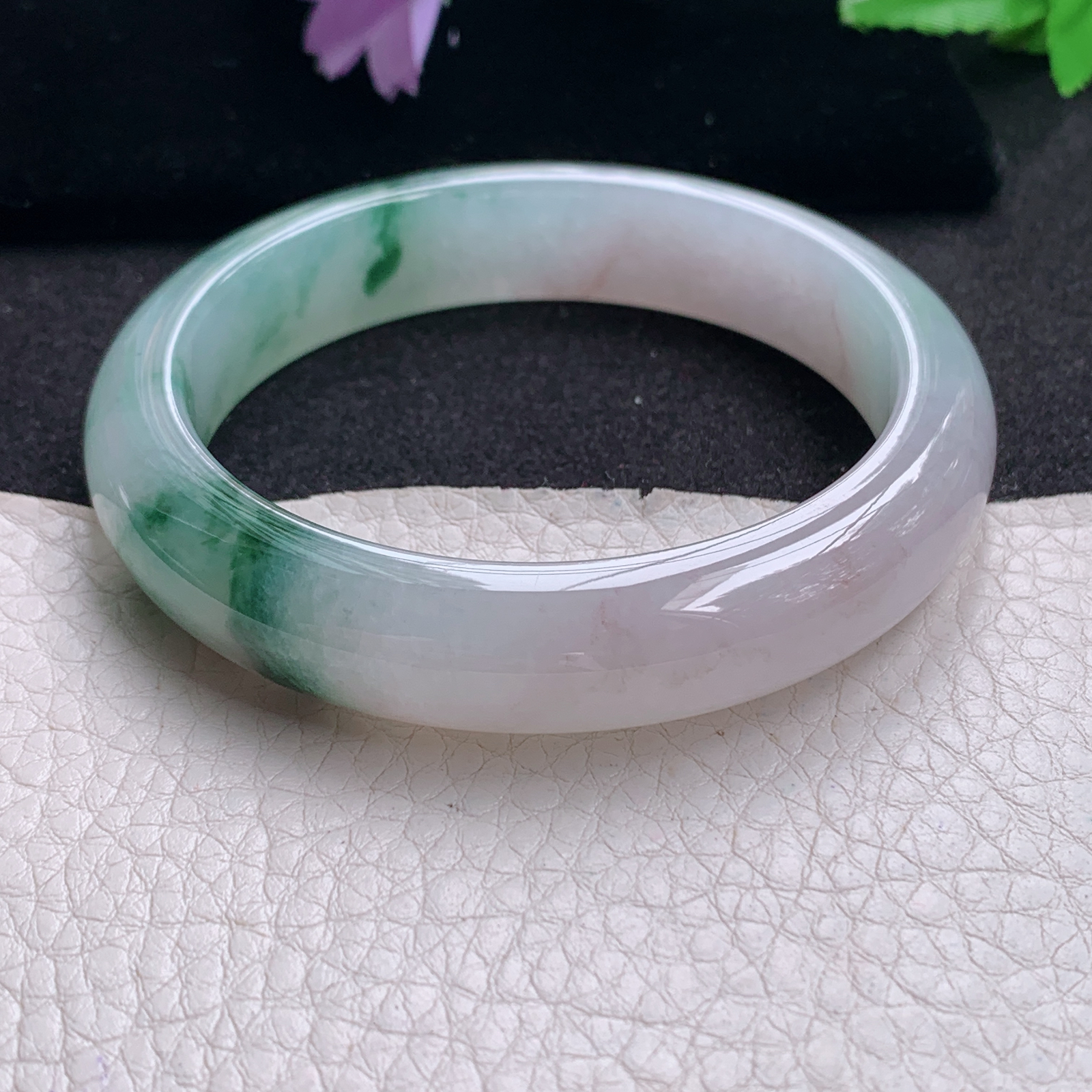 xo飘逸款55.8*12.5*8.5平安镯 天然缅甸翡翠A货手镯冰飘花正圈玉手环