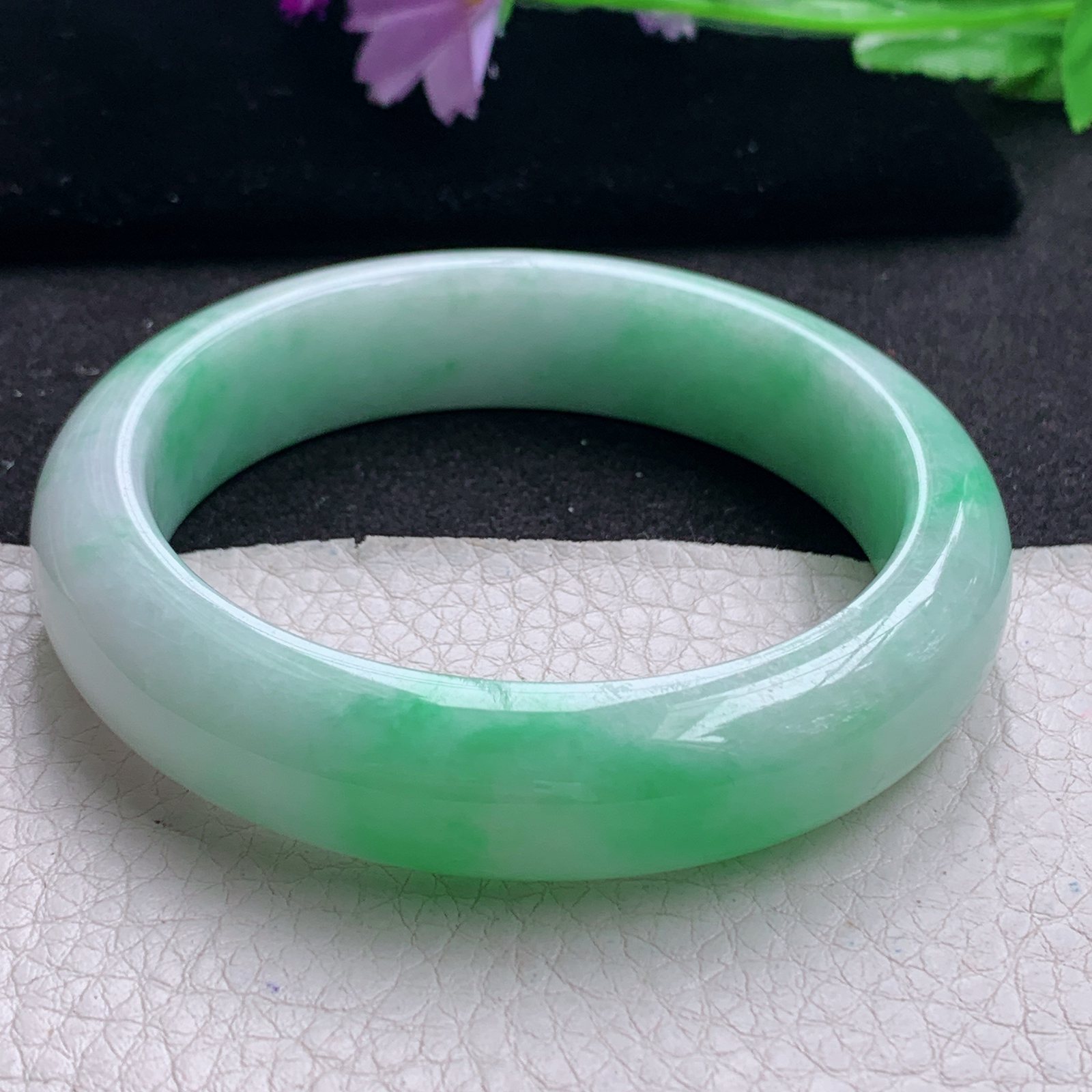 xc实拍59*14.8*9.3平安镯 天然缅甸翡翠A货手镯白底青厚装正圈玉手环