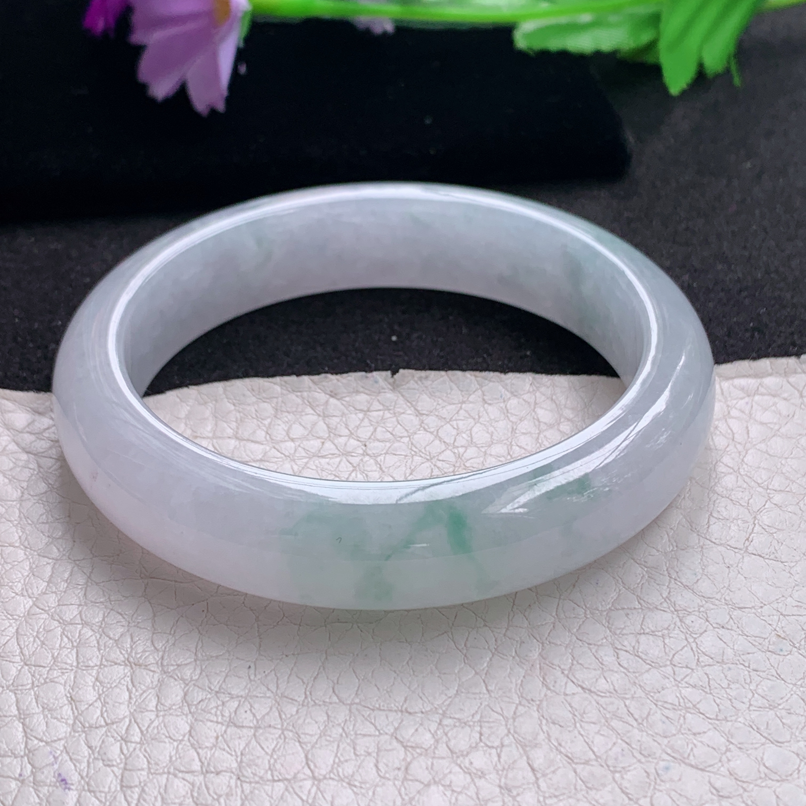 xo淡雅款57*13.3*8.8平安镯 天然缅甸翡翠A货手镯冰飘花正圈玉手环