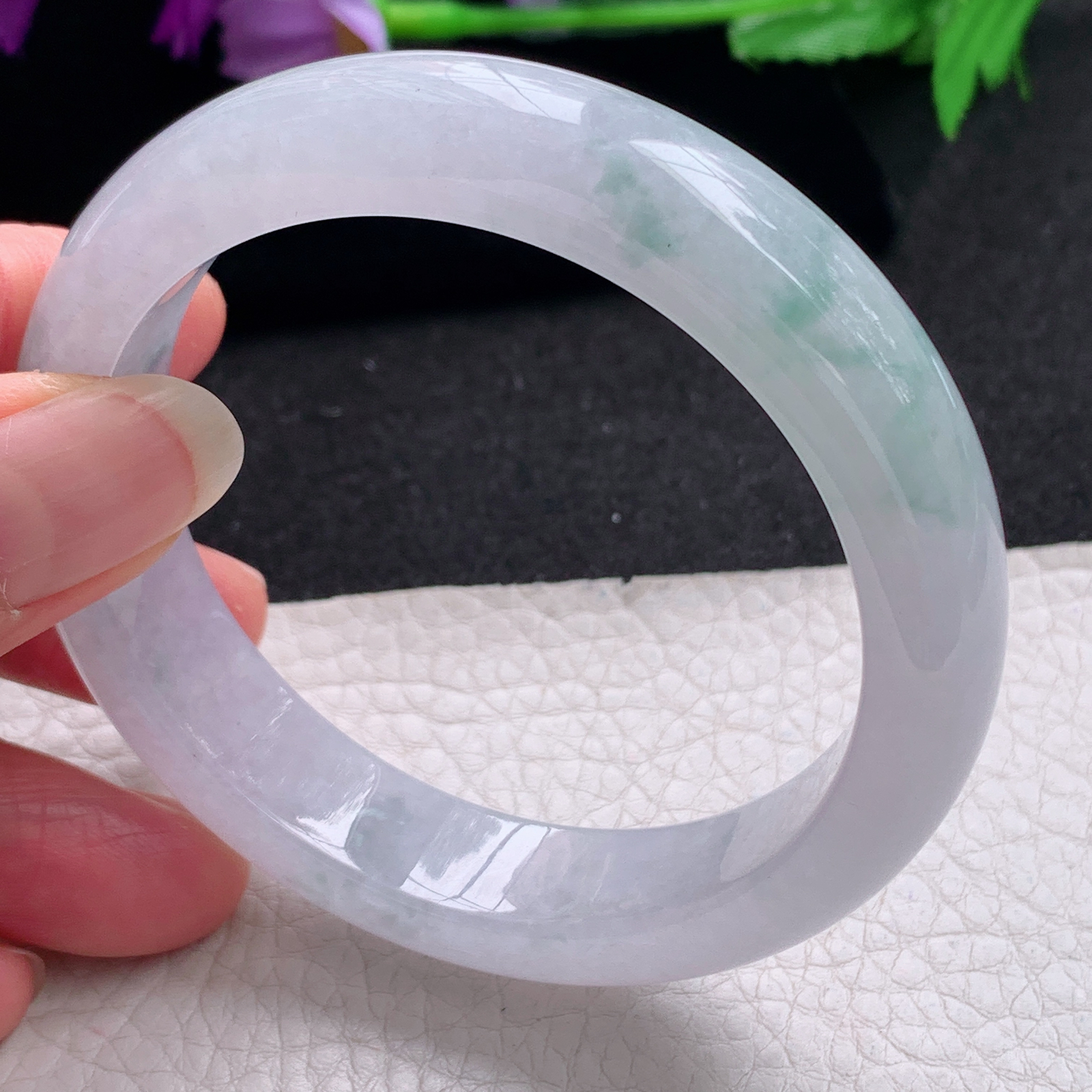 xo淡雅款57*13.3*8.8平安镯 天然缅甸翡翠A货手镯冰飘花正圈玉手环