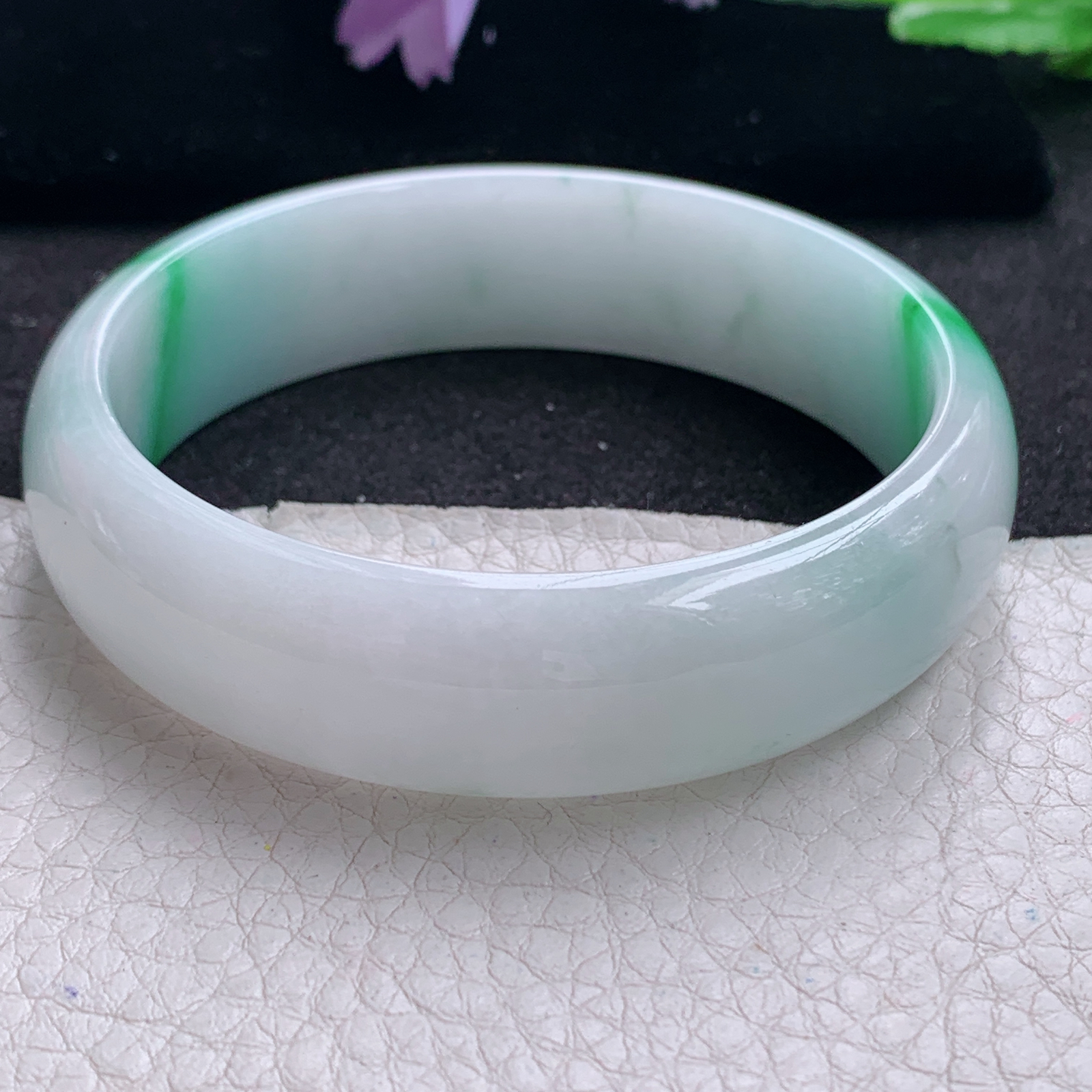 xc实拍58.5*16*6.7轮胎镯 天然缅甸翡翠A货手镯白底青宽边玉手环