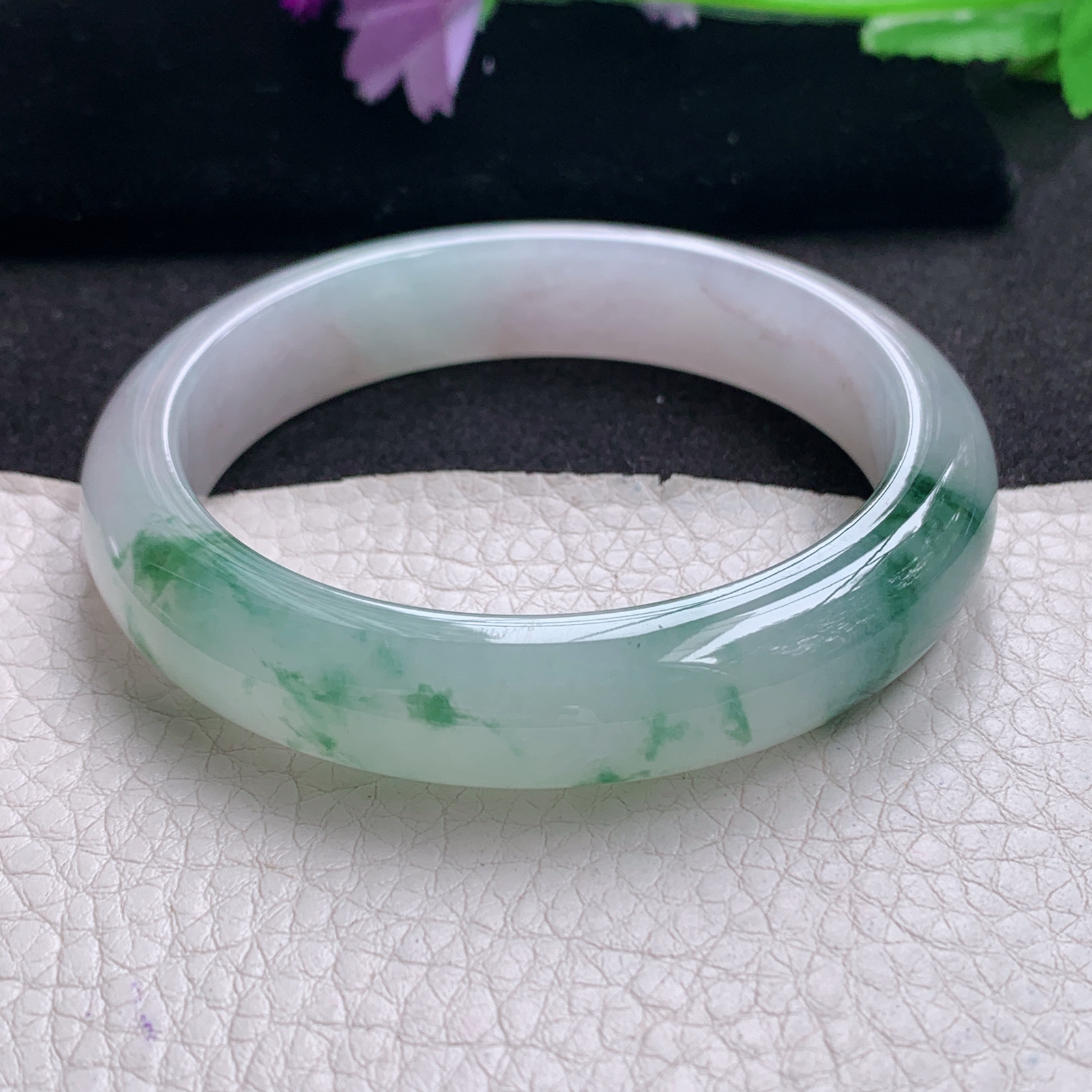 xo飘逸款55.8*12.5*8.5平安镯 天然缅甸翡翠A货手镯冰飘花正圈玉手环