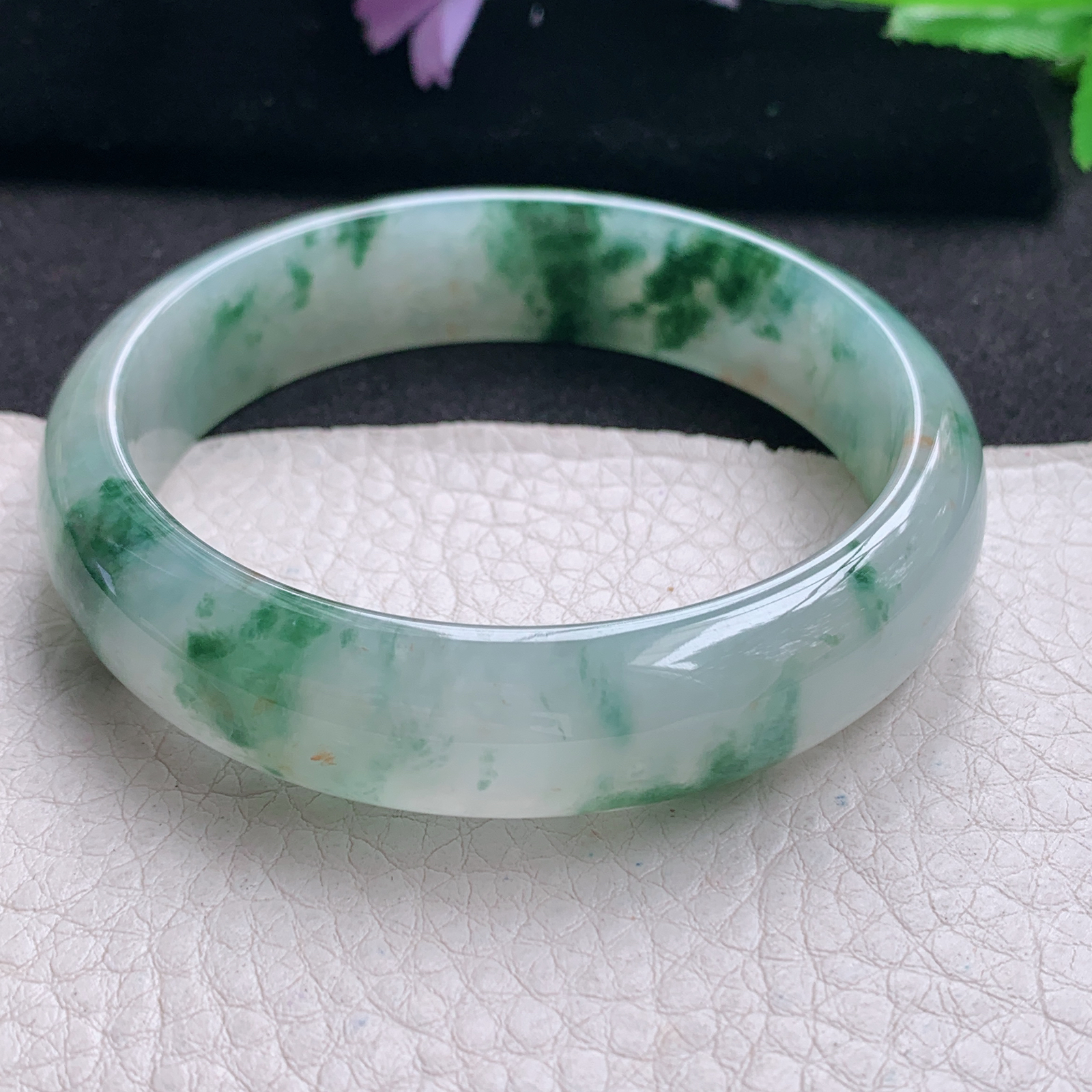 ax收藏款57.5*14.6*7.2平安镯 缅甸翡翠a货玉手镯精美冰飘花正圈玉手环