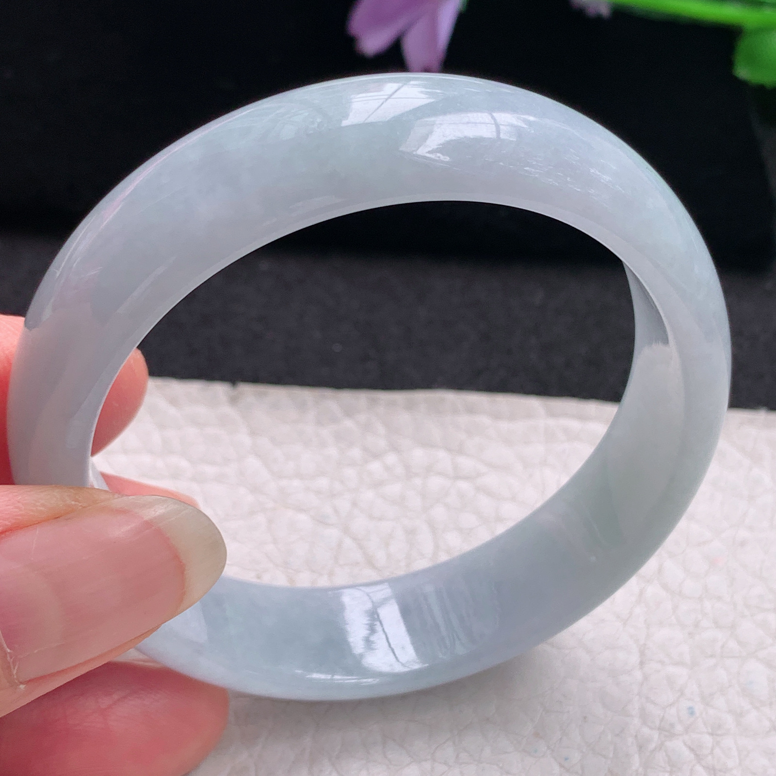 hh纯美款58*52.4*14*6.5贵妃镯 缅甸翡翠a货玉手镯精美淡紫蛋形玉手环