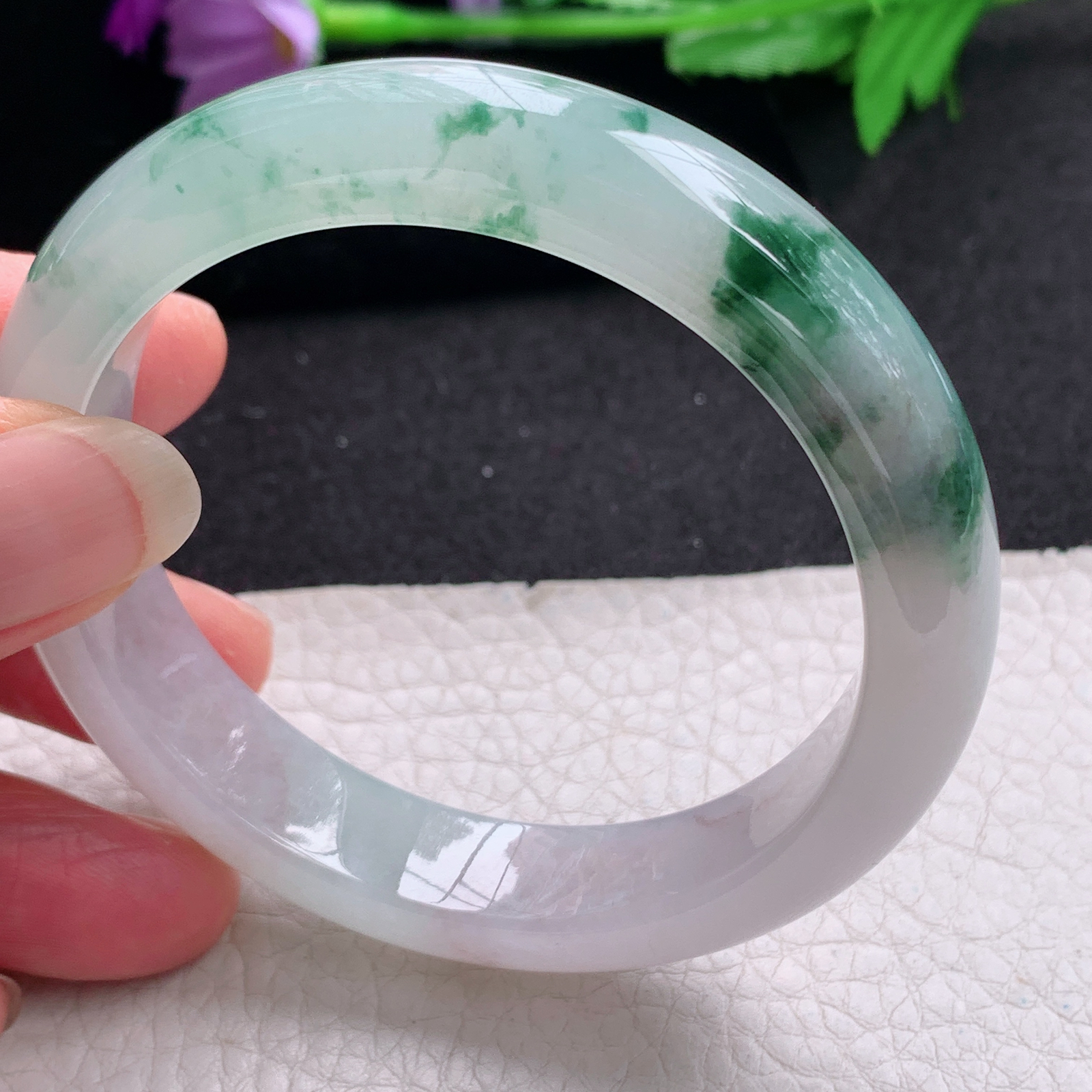 xo飘逸款55.8*12.5*8.5平安镯 天然缅甸翡翠A货手镯冰飘花正圈玉手环