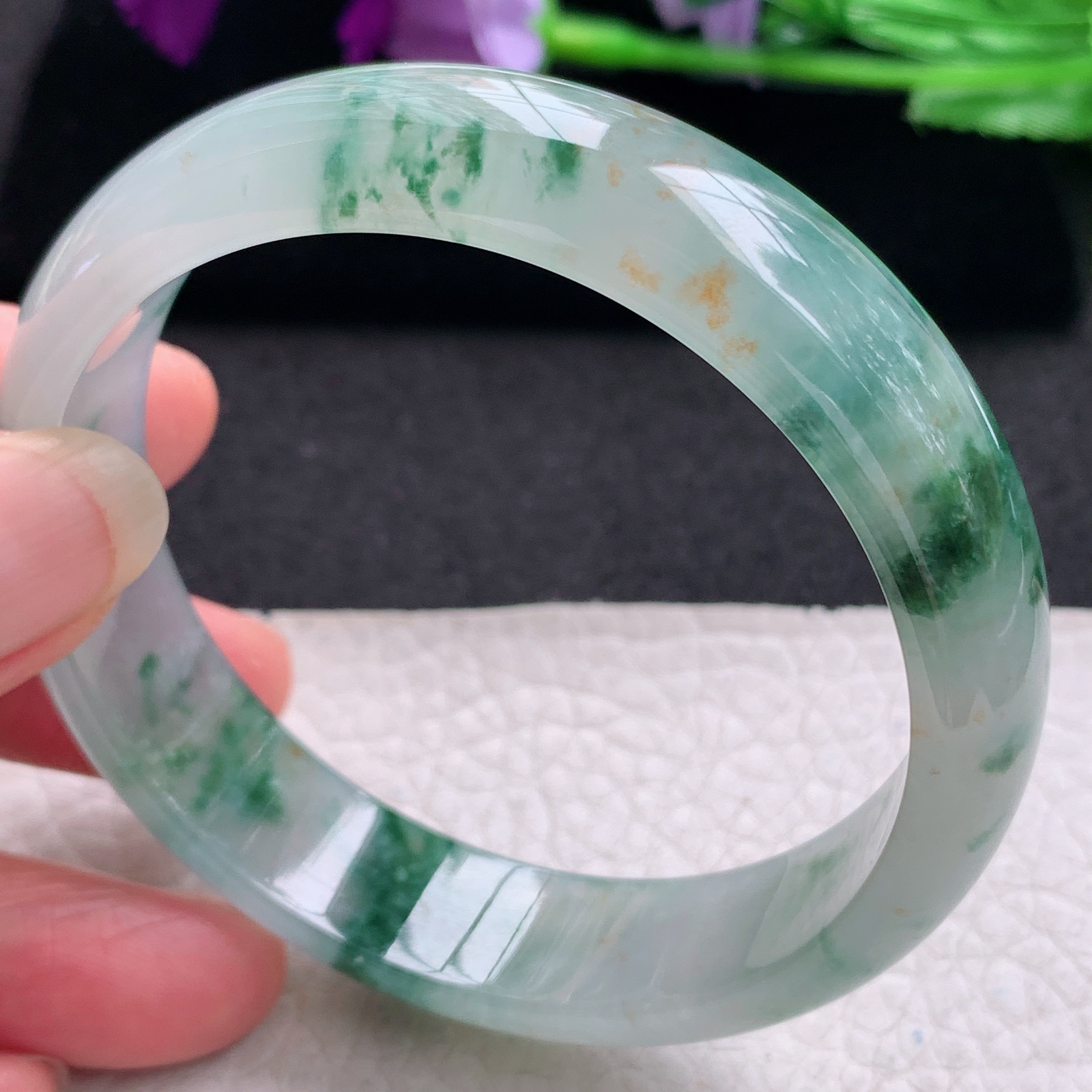 ax收藏款57.5*14.6*7.2平安镯 缅甸翡翠a货玉手镯精美冰飘花正圈玉手环
