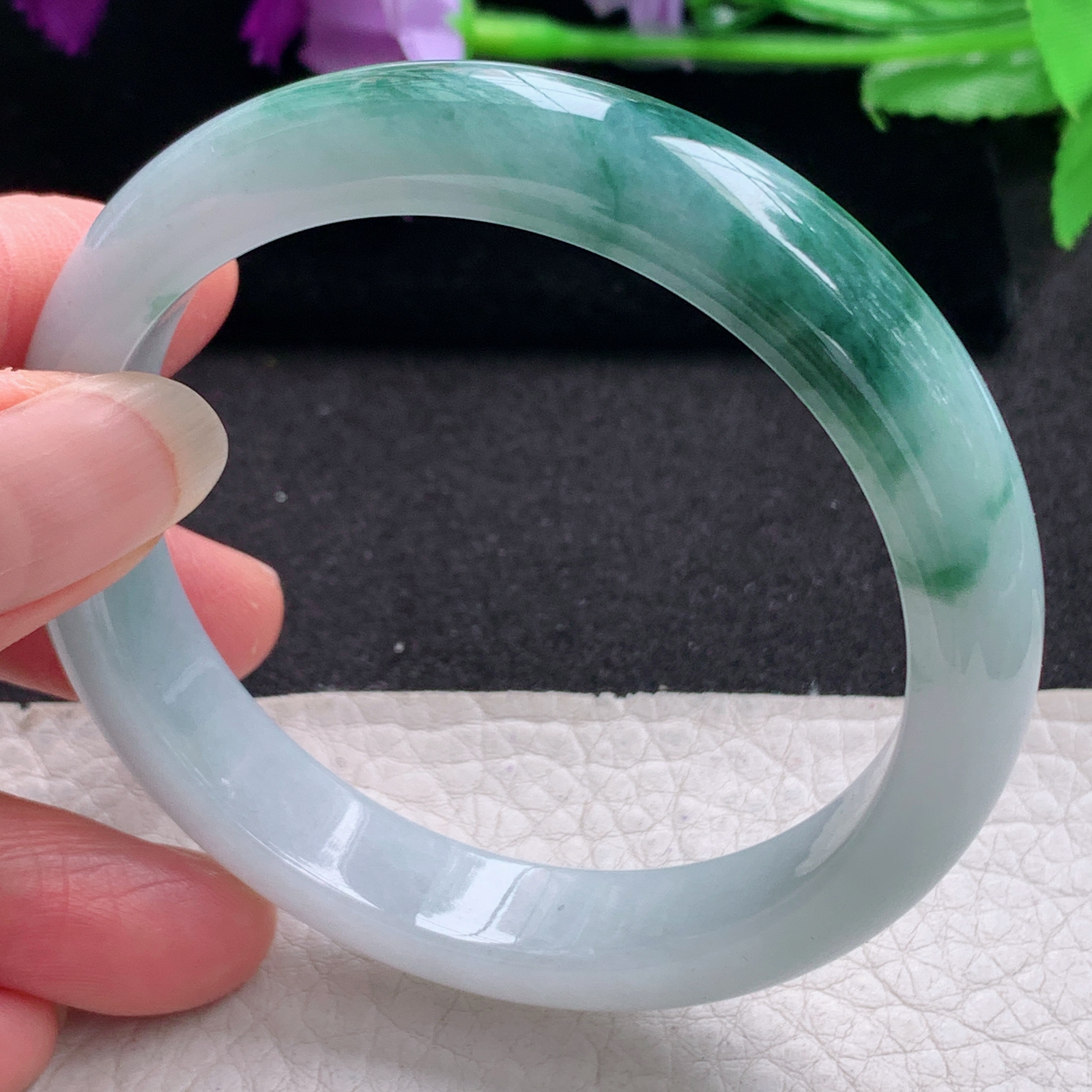 r飘逸款56.5*12*7.6平安镯 天然缅甸翡翠A货手镯飘花胶感正圈玉手环