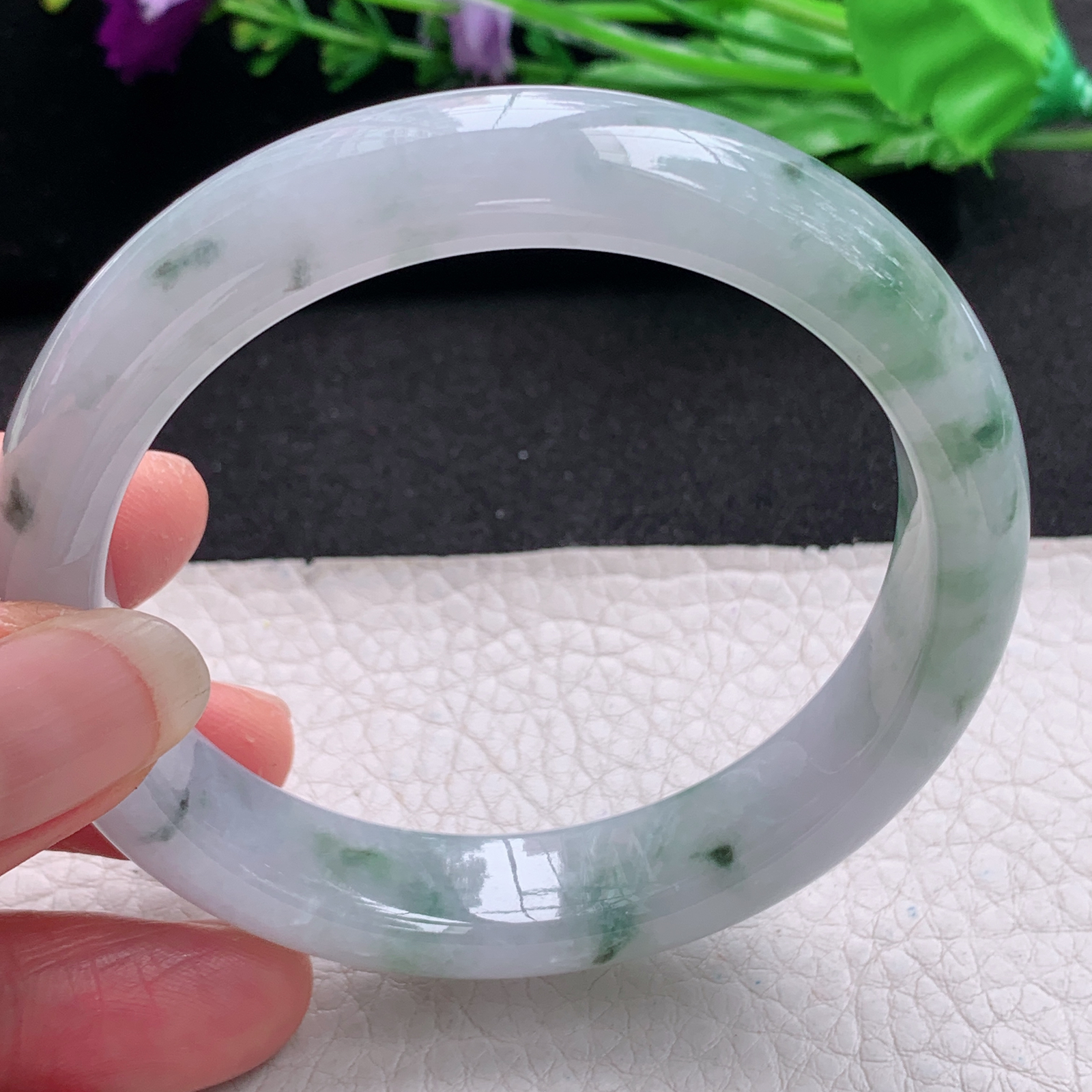 xx实拍58*12.8*8.5平安镯 天然缅甸翡翠A货手镯冰飘花正圈玉手环