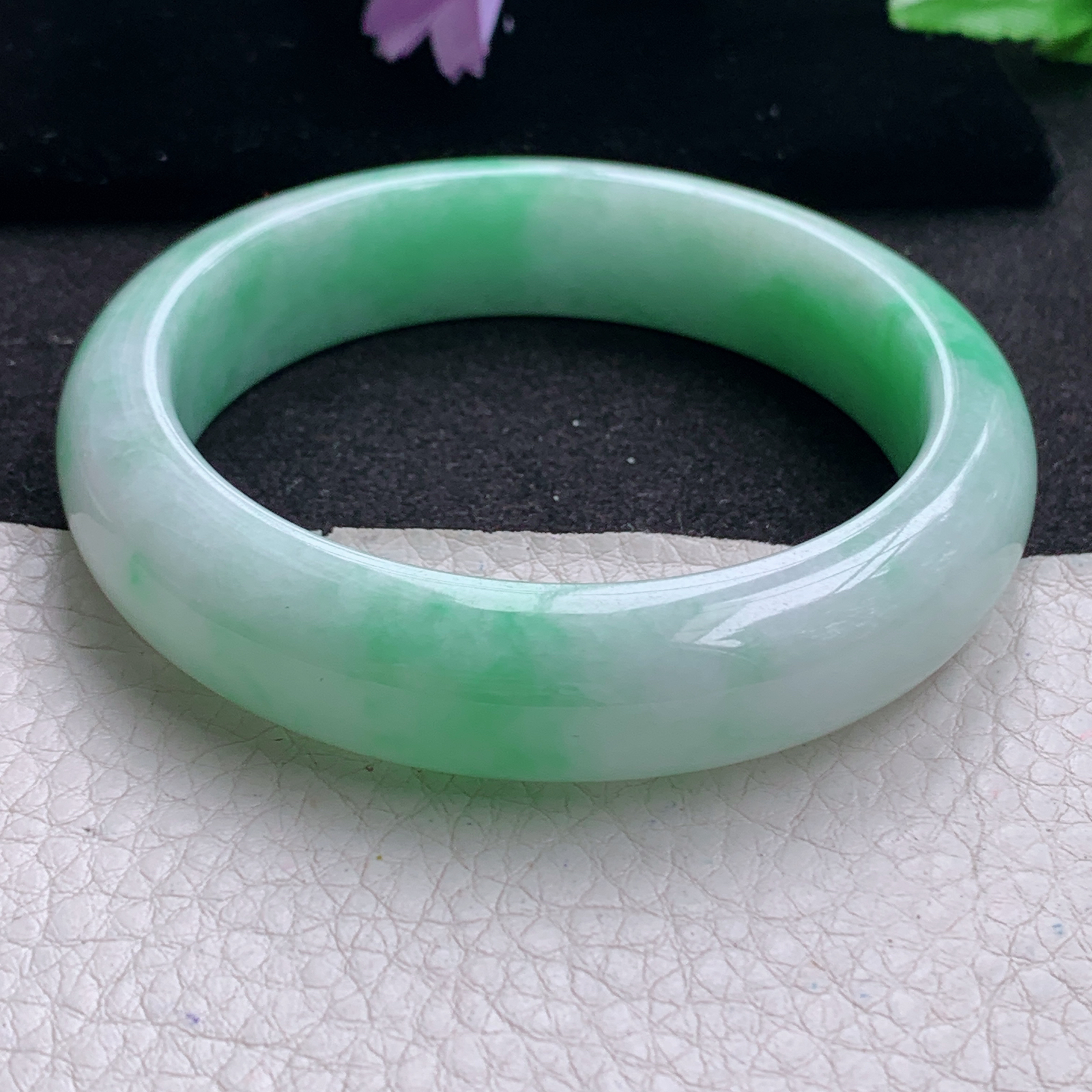 xc实拍59*14.8*9.3平安镯 天然缅甸翡翠A货手镯白底青厚装正圈玉手环