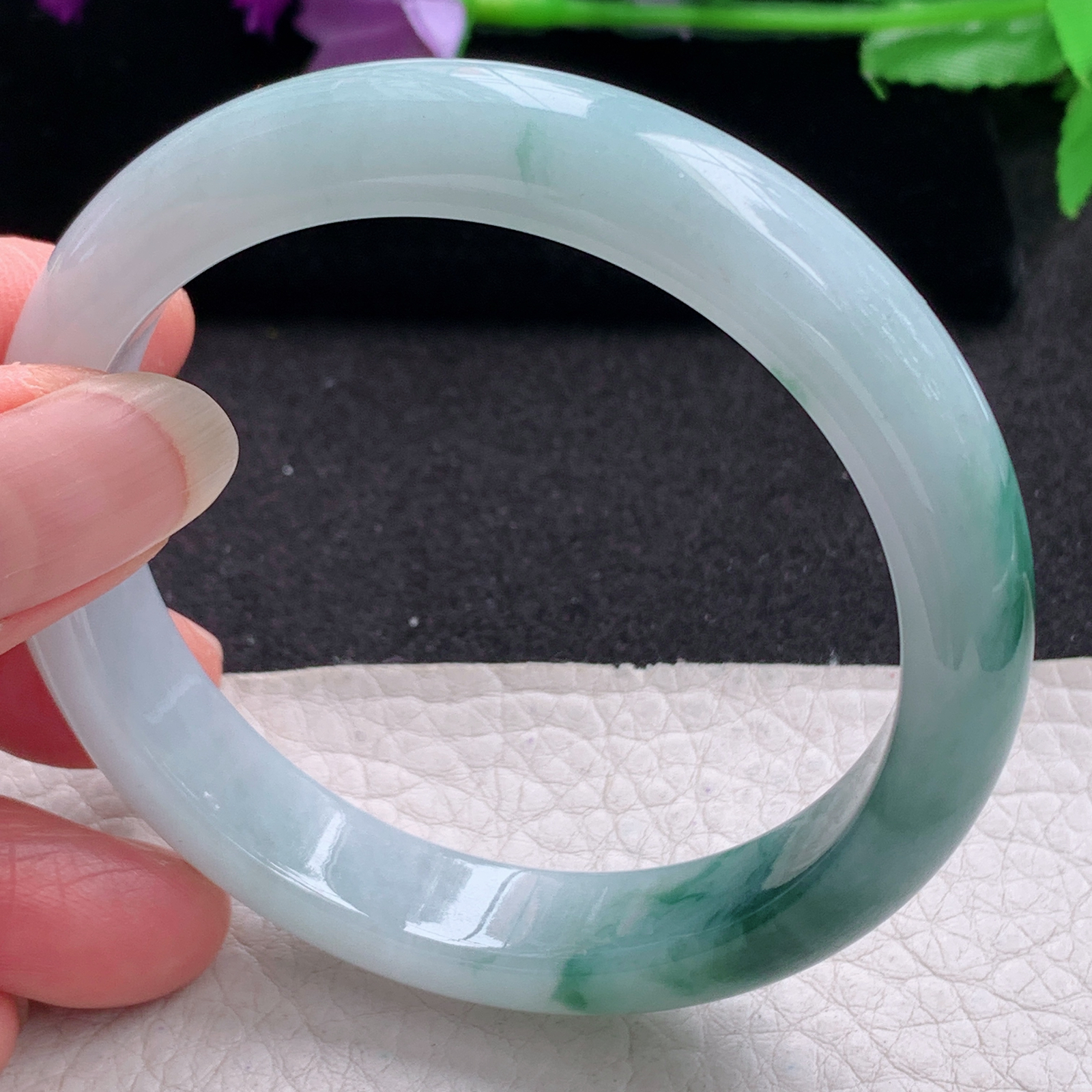 r飘逸款56.5*12*7.6平安镯 天然缅甸翡翠A货手镯飘花胶感正圈玉手环