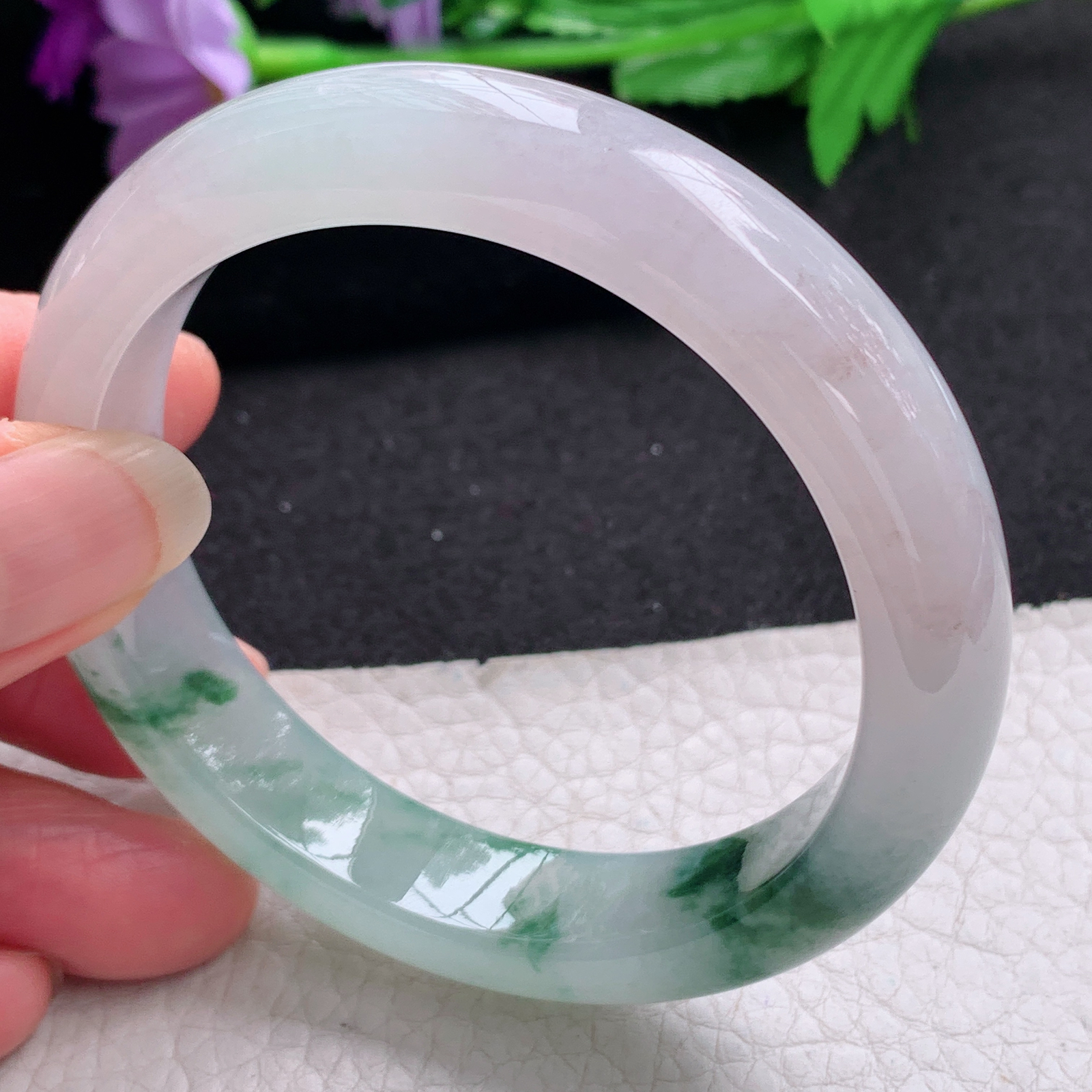 xo飘逸款55.8*12.5*8.5平安镯 天然缅甸翡翠A货手镯冰飘花正圈玉手环