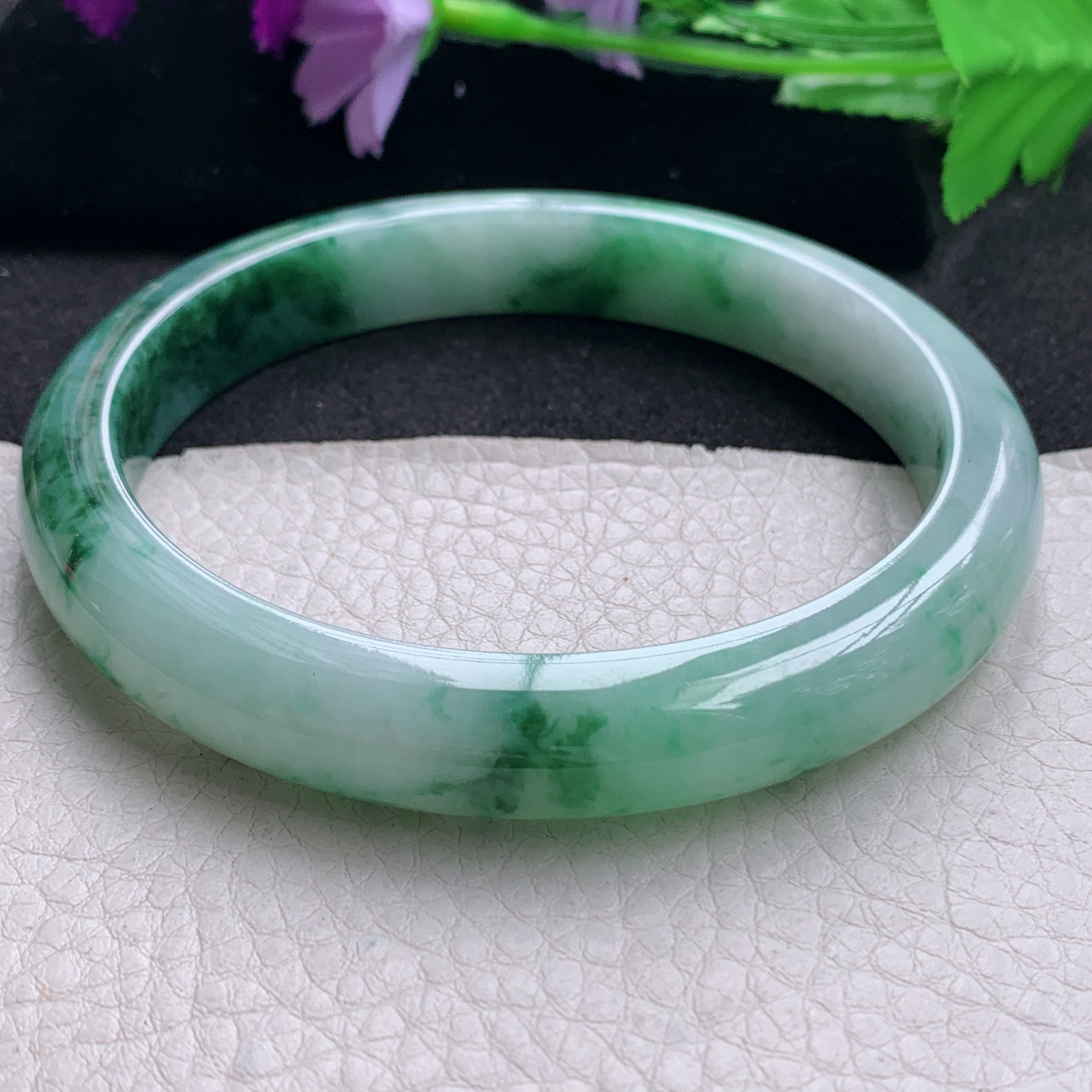 js大圈口71*12.3*9臂镯 缅甸翡翠a货玉手镯精美冰飘花正圈玉手环