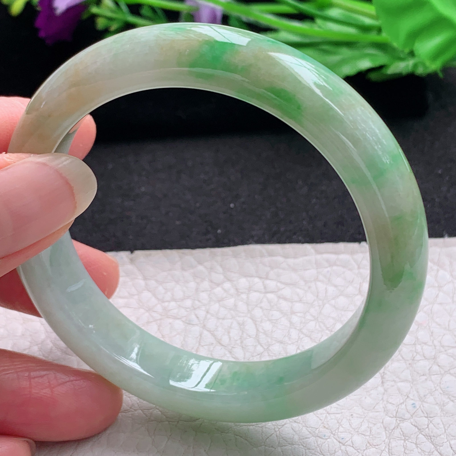 xx实拍54.5*12*8平安镯 天然缅甸翡翠A货手镯细润黄加绿正圈玉手环