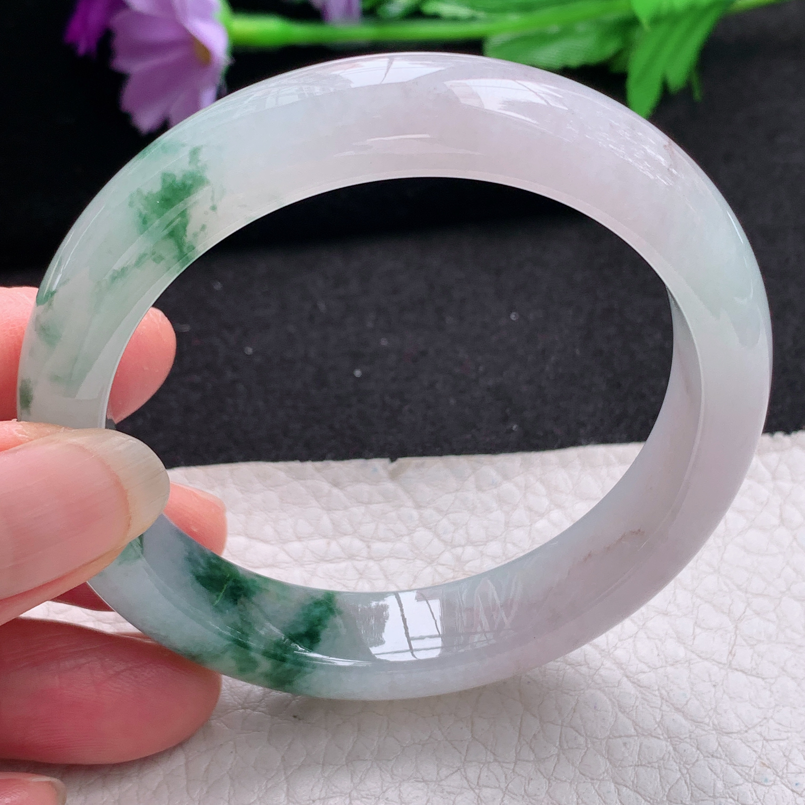 xo飘逸款55.8*12.5*8.5平安镯 天然缅甸翡翠A货手镯冰飘花正圈玉手环