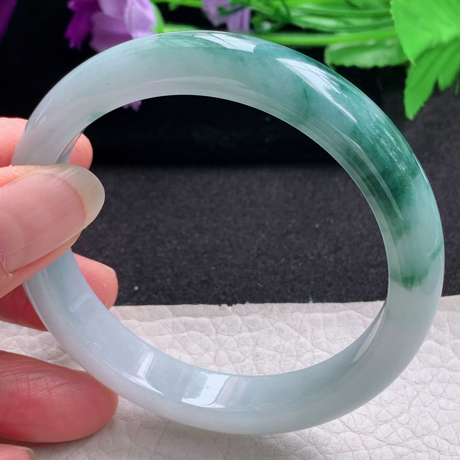 r飘逸款56.5*12*7.6平安镯 天然缅甸翡翠A货手镯飘花胶感正圈玉手环