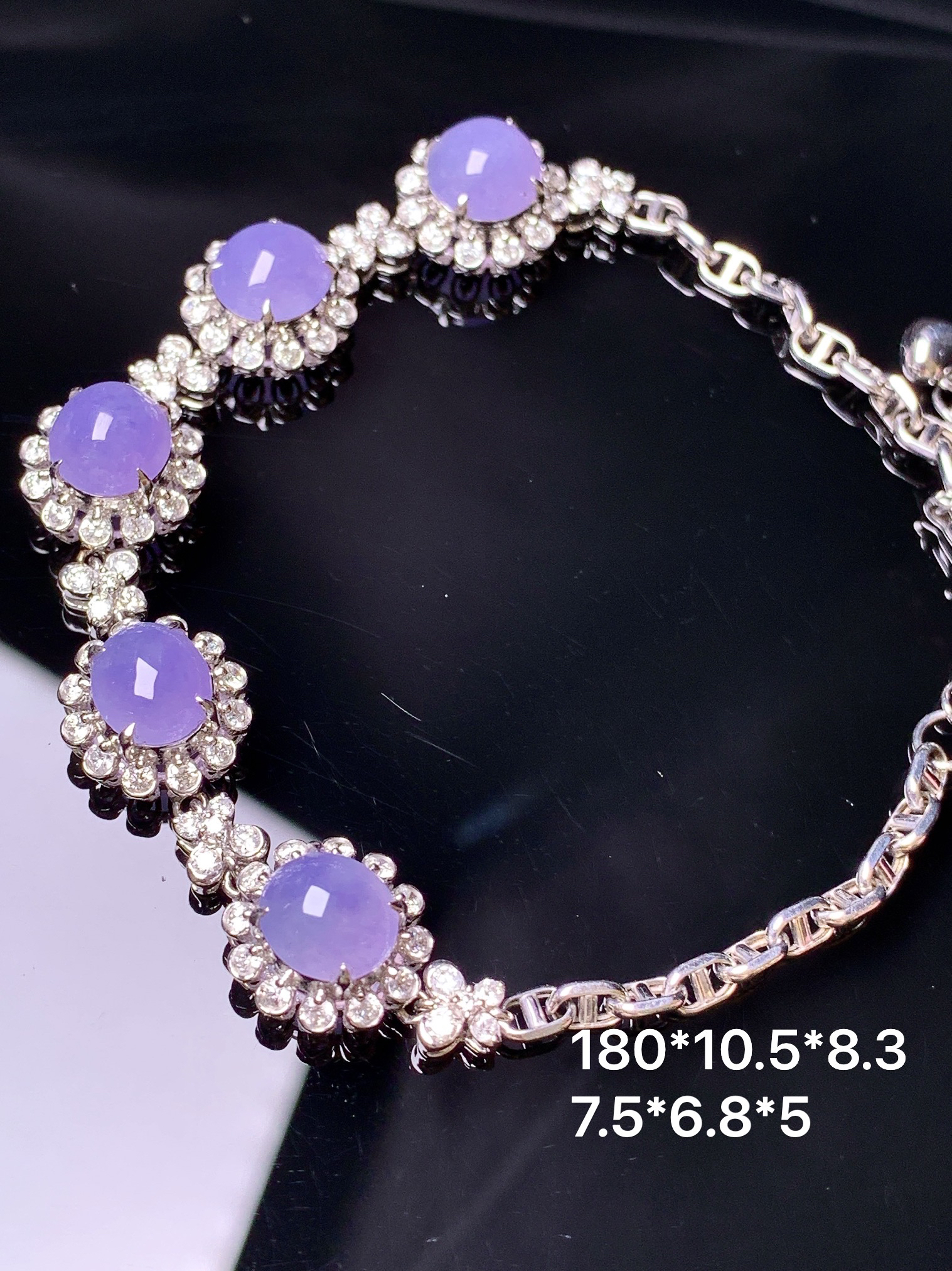 18k金钻镶嵌紫罗兰蛋面手链 玉质细腻 色泽艳丽清新 水润亮眼 整体尺寸180*10.5*8.3L3