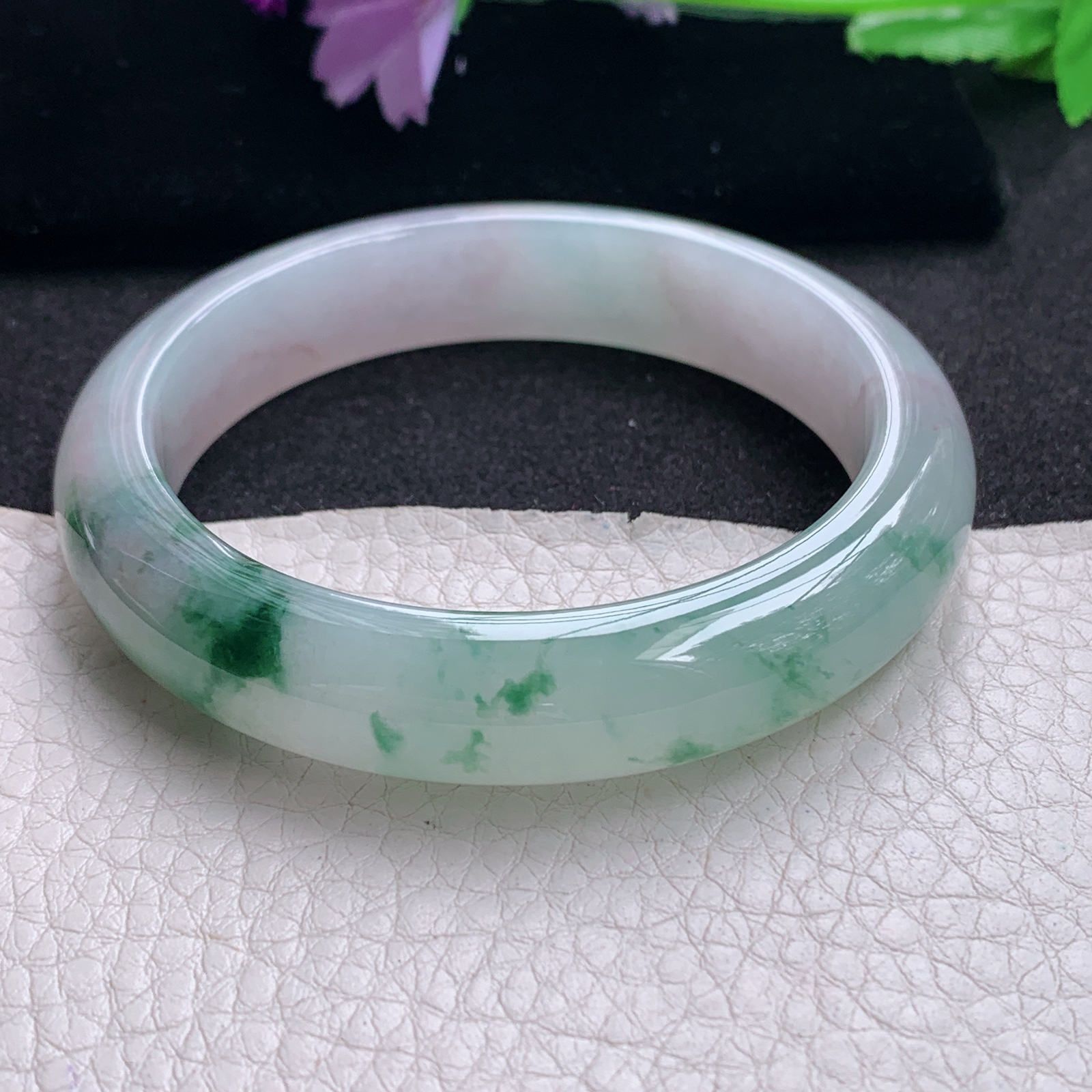 xo飘逸款55.8*12.5*8.5平安镯 天然缅甸翡翠A货手镯冰飘花正圈玉手环