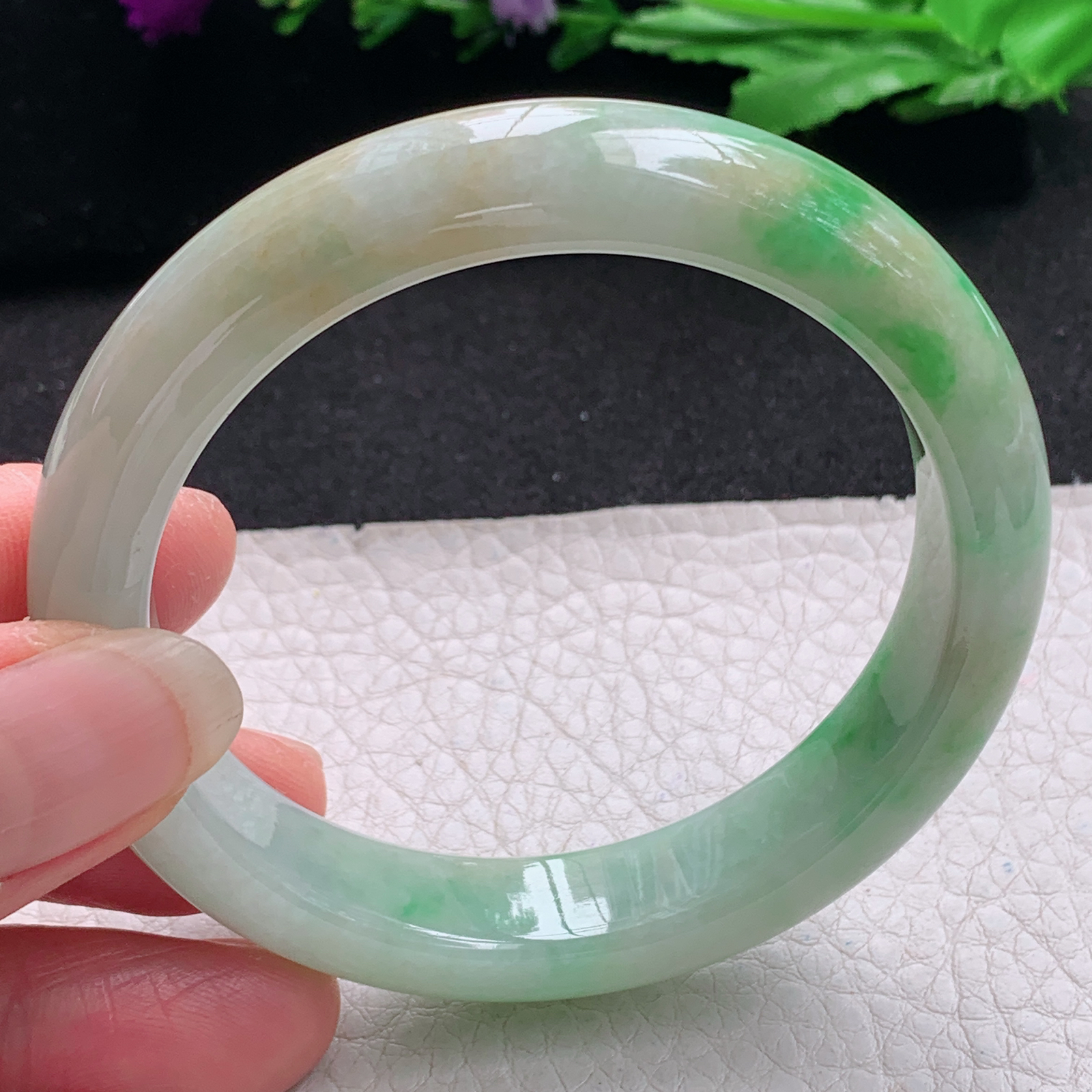 xx实拍54.5*12*8平安镯 天然缅甸翡翠A货手镯细润黄加绿正圈玉手环