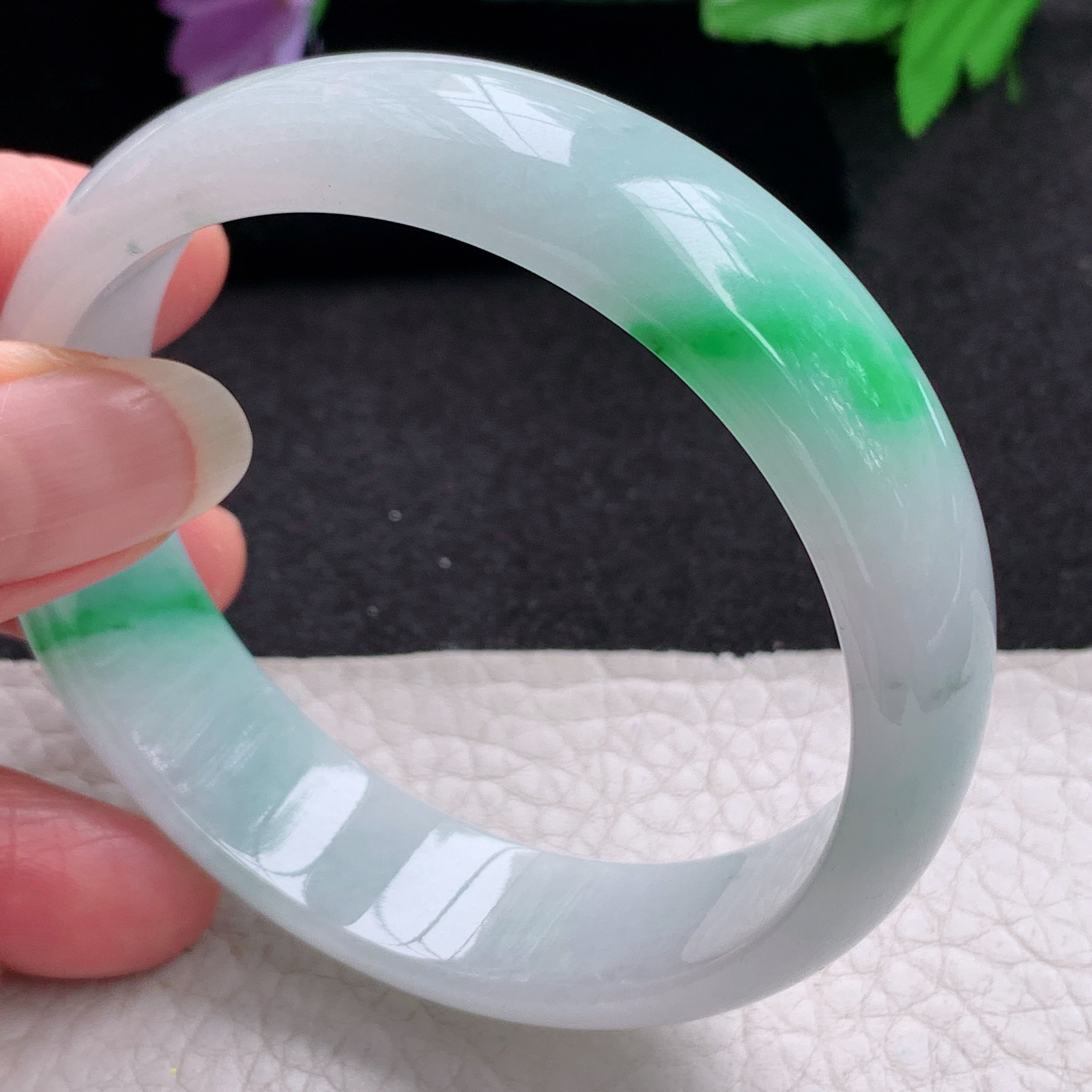 xc实拍58.5*16*6.7轮胎镯 天然缅甸翡翠A货手镯白底青宽边玉手环