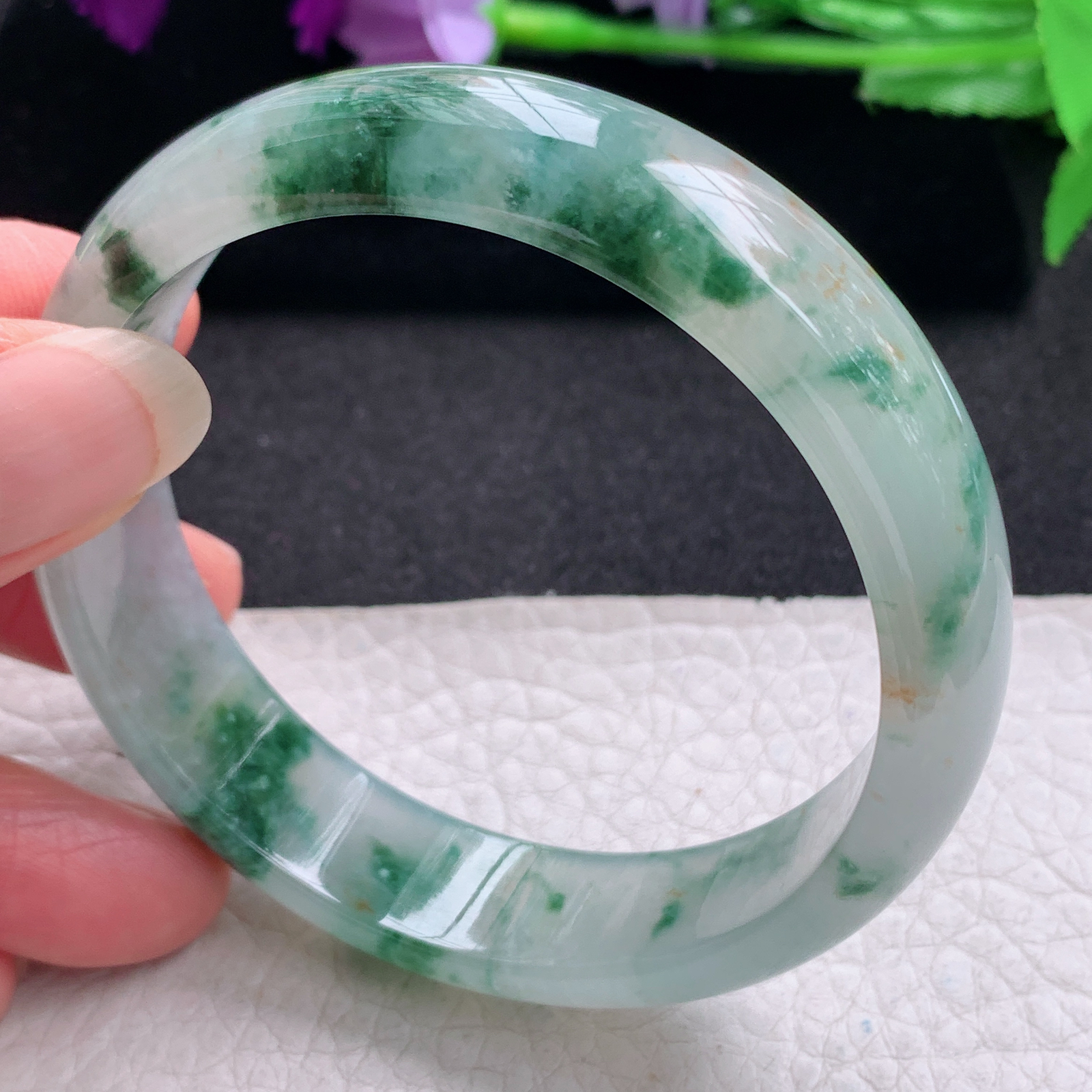 ax收藏款57.5*14.6*7.2平安镯 缅甸翡翠a货玉手镯精美冰飘花正圈玉手环