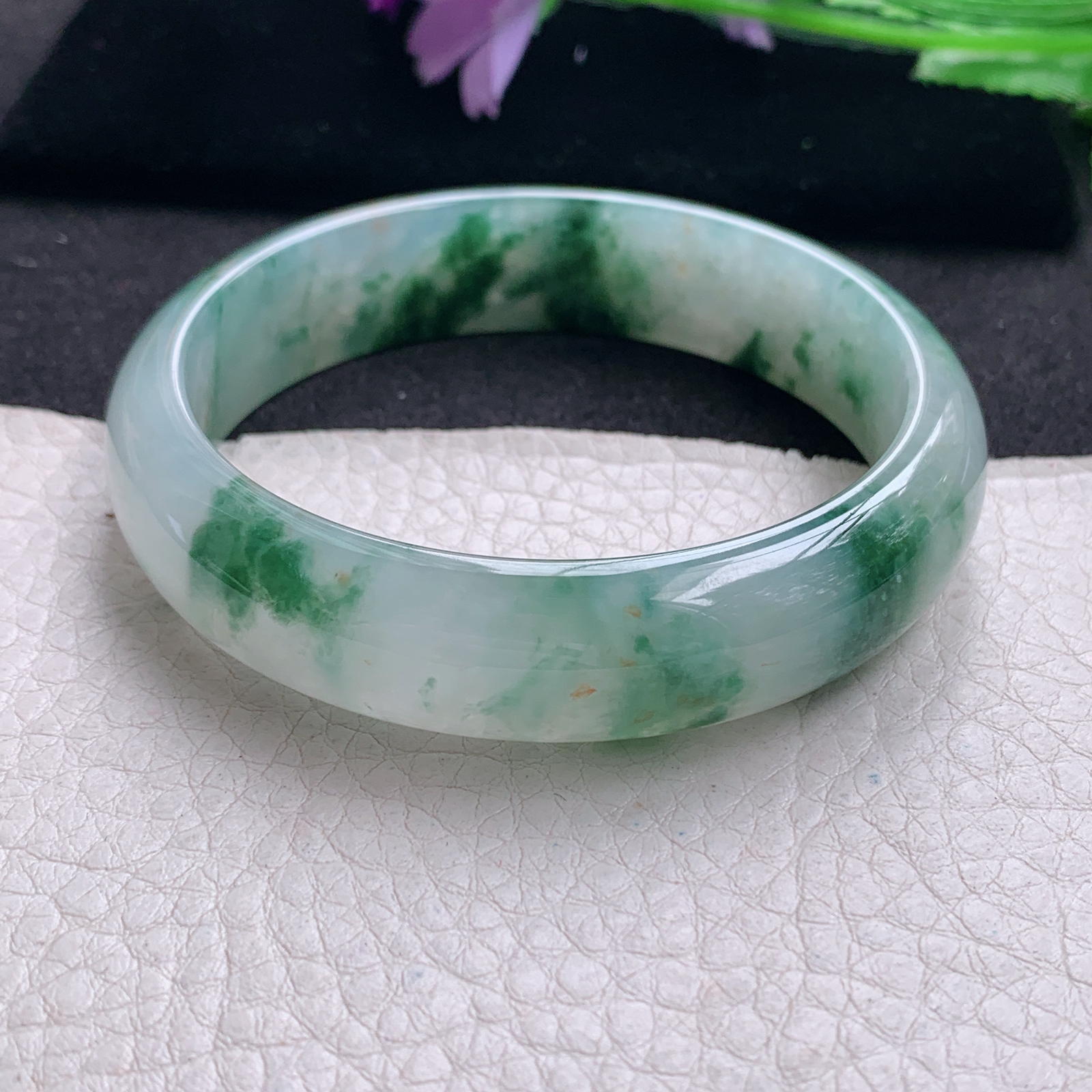 ax收藏款57.5*14.6*7.2平安镯 缅甸翡翠a货玉手镯精美冰飘花正圈玉手环