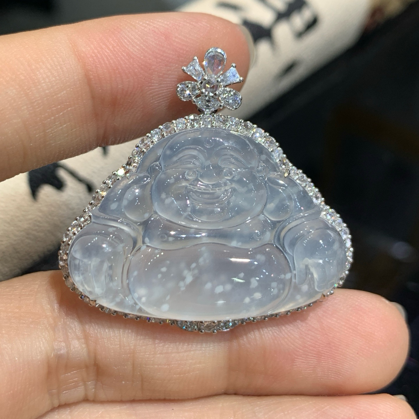 冰种雪花棉佛公吊坠 尺寸33.2-34.7-9.2毫米