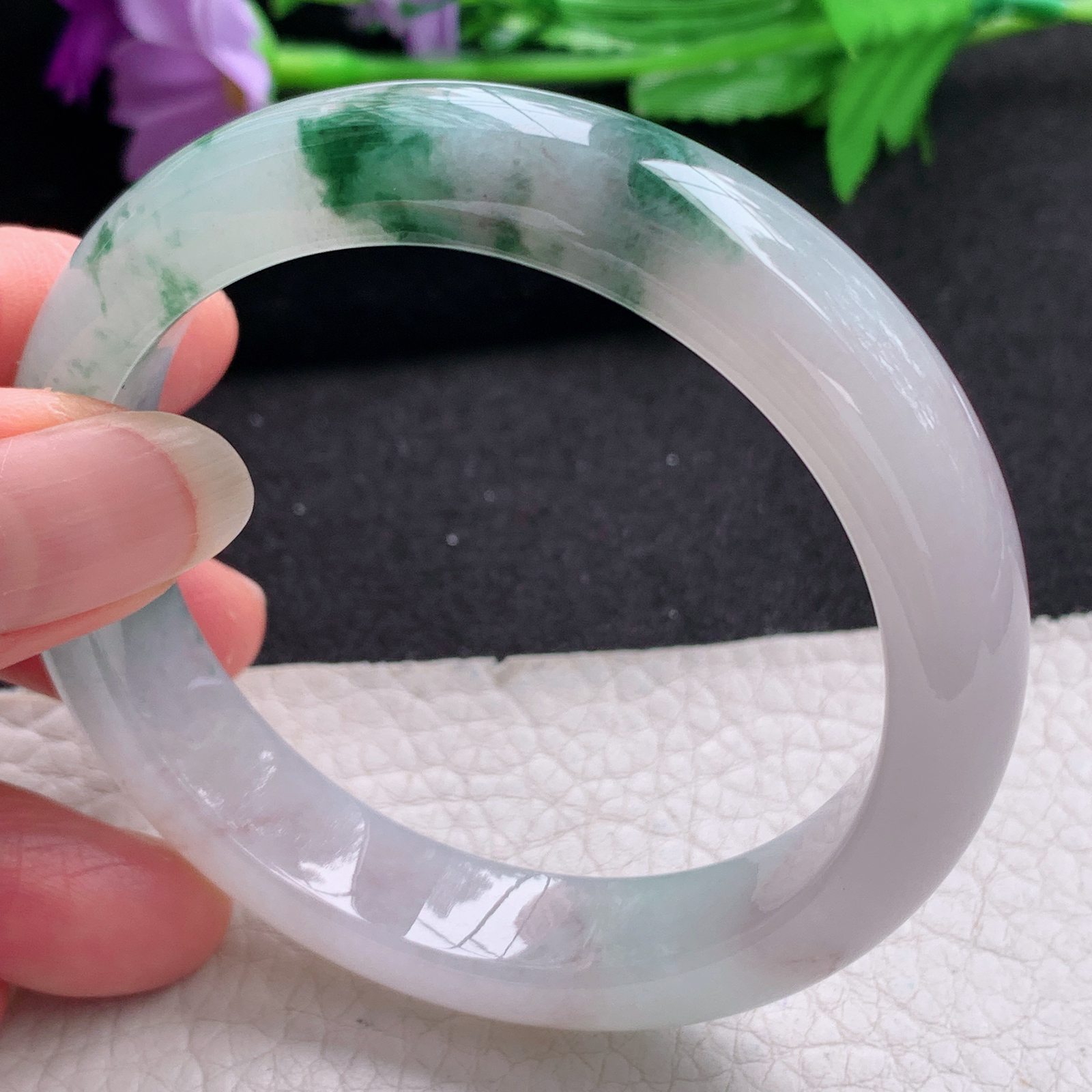 xo飘逸款55.8*12.5*8.5平安镯 天然缅甸翡翠A货手镯冰飘花正圈玉手环