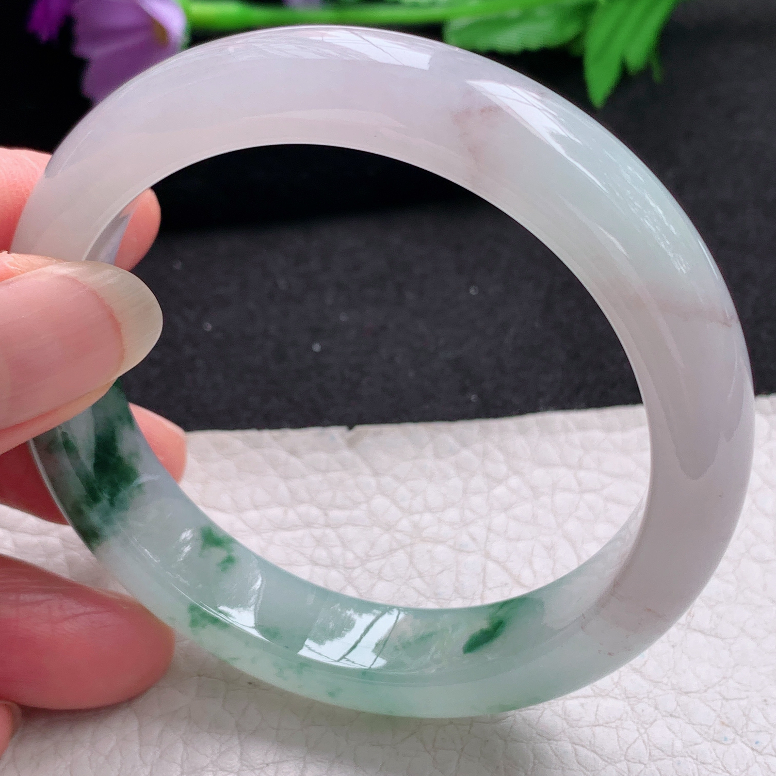 xo飘逸款55.8*12.5*8.5平安镯 天然缅甸翡翠A货手镯冰飘花正圈玉手环