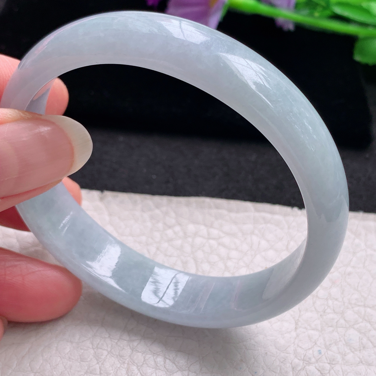 hh纯美款58*52.4*14*6.5贵妃镯 缅甸翡翠a货玉手镯精美淡紫蛋形玉手环