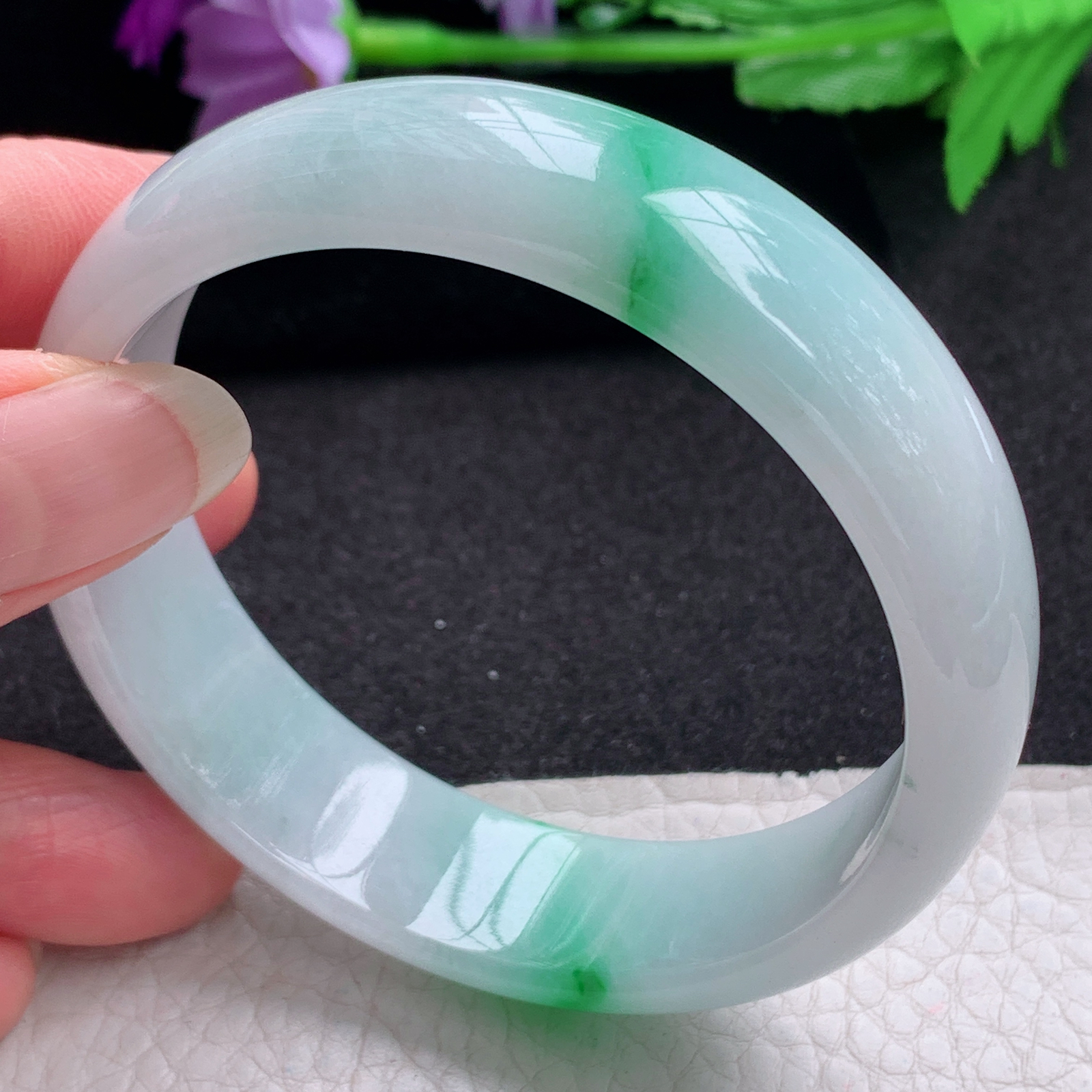 xc实拍58.5*16*6.7轮胎镯 天然缅甸翡翠A货手镯白底青宽边玉手环