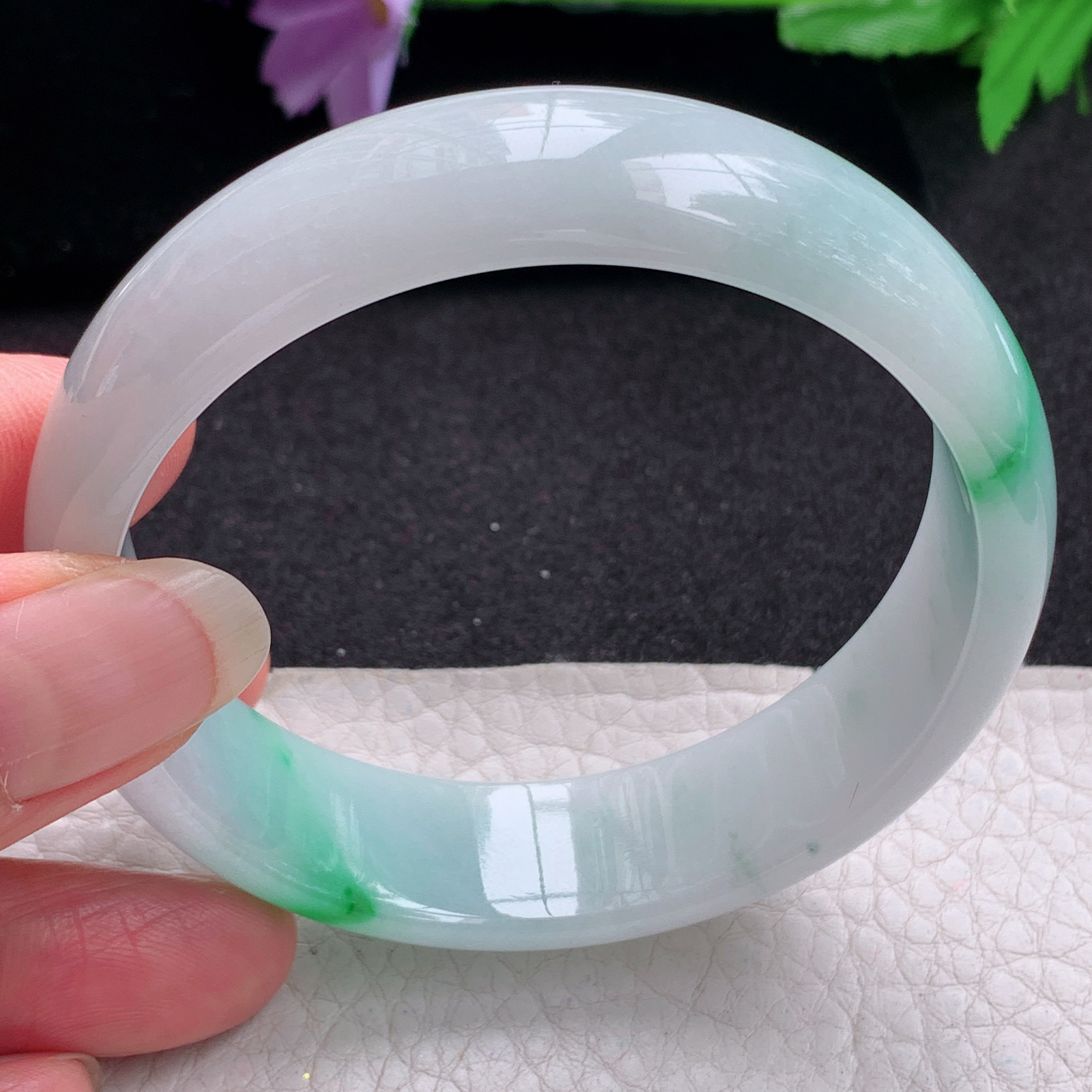 xc实拍58.5*16*6.7轮胎镯 天然缅甸翡翠A货手镯白底青宽边玉手环