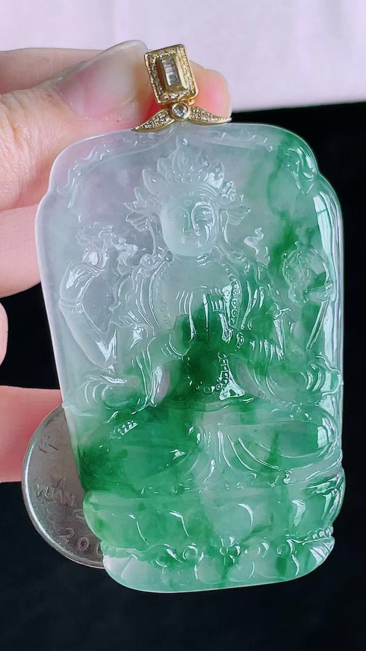 【翡翠名称】18K金扣镶高冰飘花观音吊坠挂件
【翡翠尺寸】裸石66/43.8/6.3mm
【翡翠描述】宝贝种老水足，玉质细腻，色泽靓丽，性价比高，佩戴效果好！
【其它赠送】权威证书/精美挂绳盒子/支持全国复检