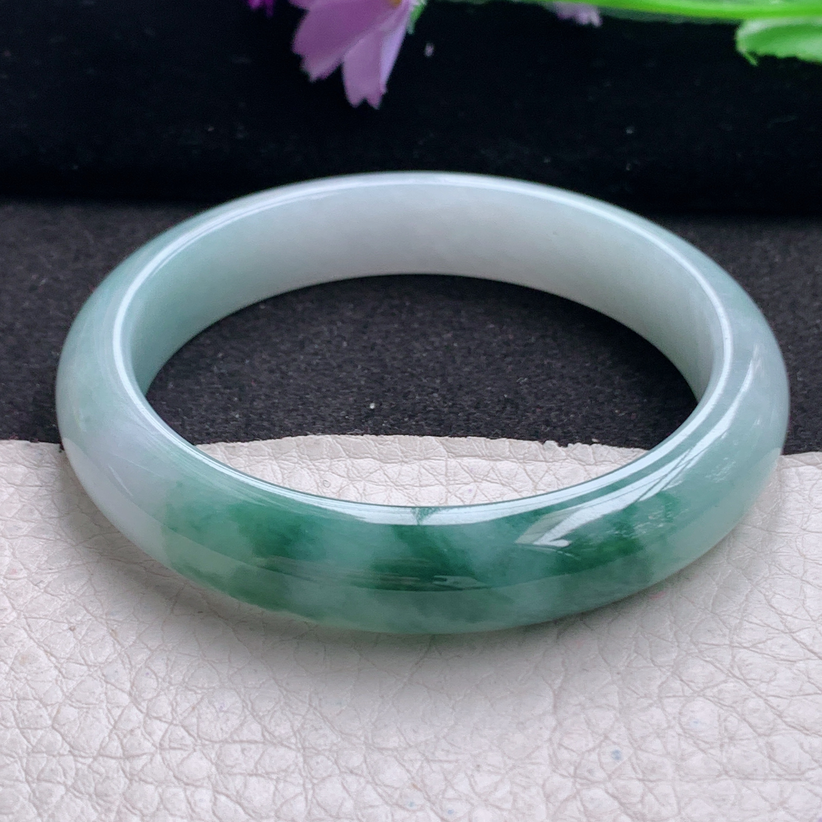 r飘逸款56.5*12*7.6平安镯 天然缅甸翡翠A货手镯飘花胶感正圈玉手环