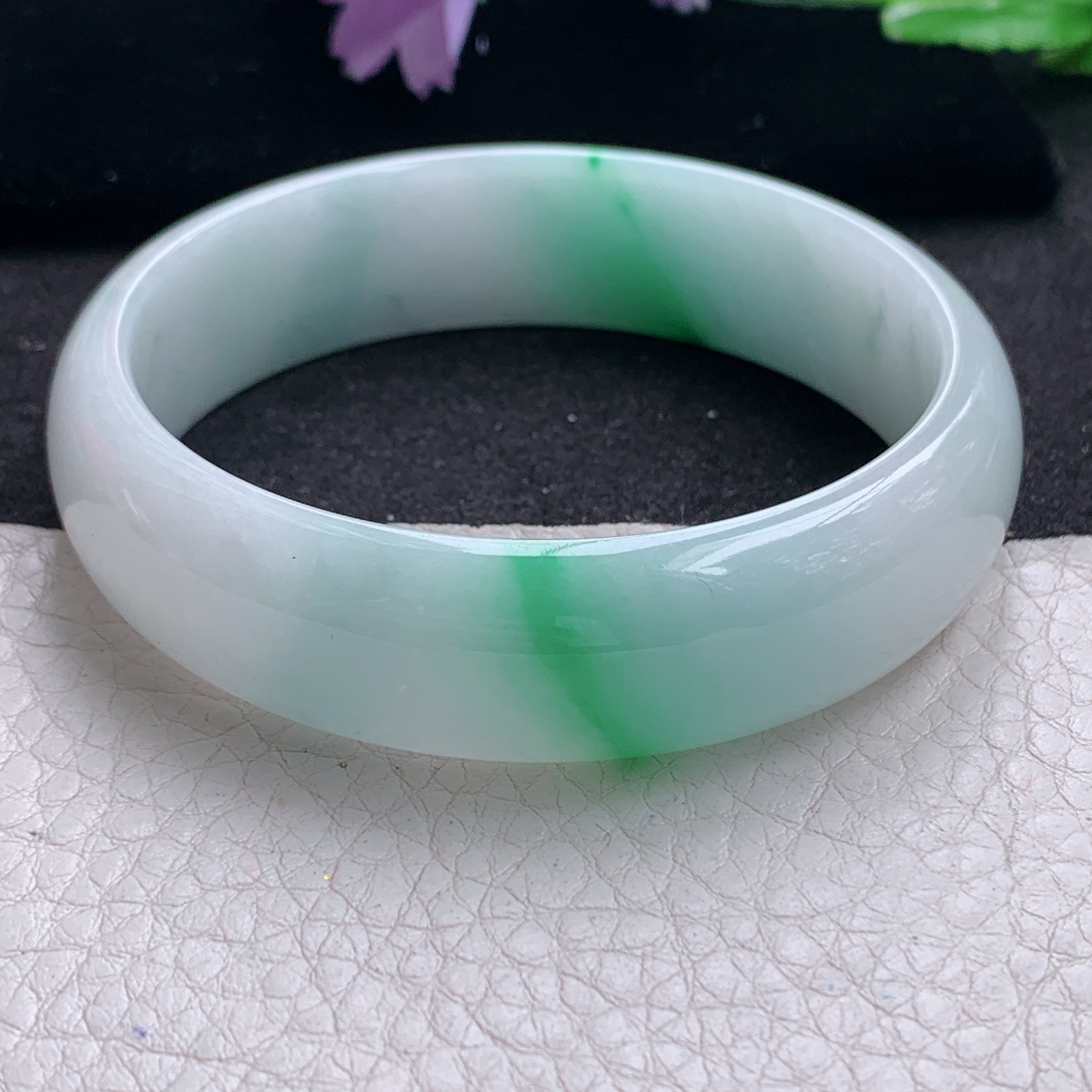 xc实拍58.5*16*6.7轮胎镯 天然缅甸翡翠A货手镯白底青宽边玉手环
