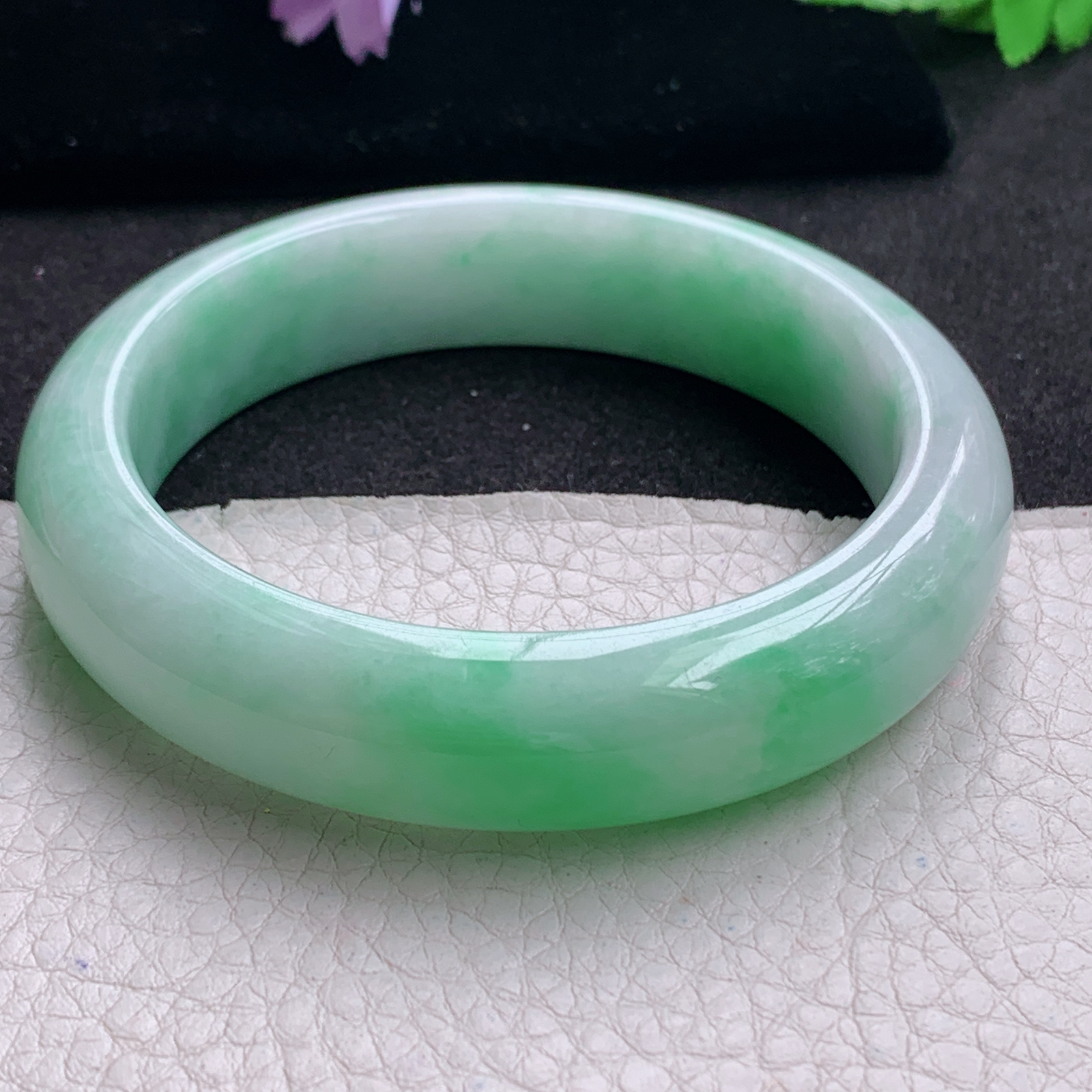 xc实拍59*14.8*9.3平安镯 天然缅甸翡翠A货手镯白底青厚装正圈玉手环