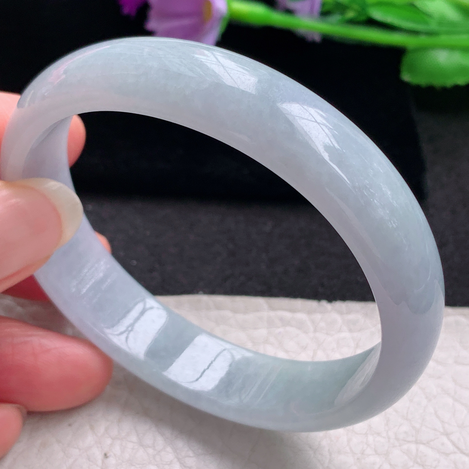 hh纯美款58*52.4*14*6.5贵妃镯 缅甸翡翠a货玉手镯精美淡紫蛋形玉手环