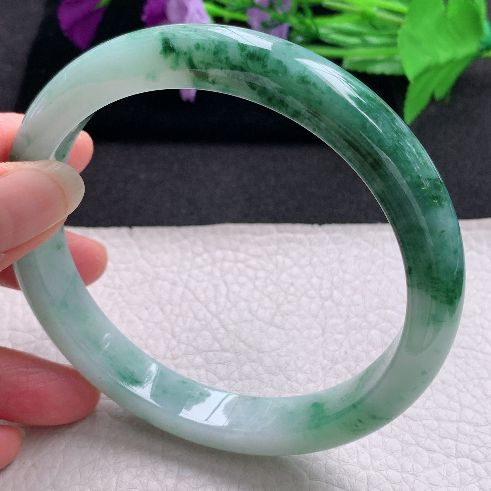 js大圈口71*12.3*9臂镯 缅甸翡翠a货玉手镯精美冰飘花正圈玉手环