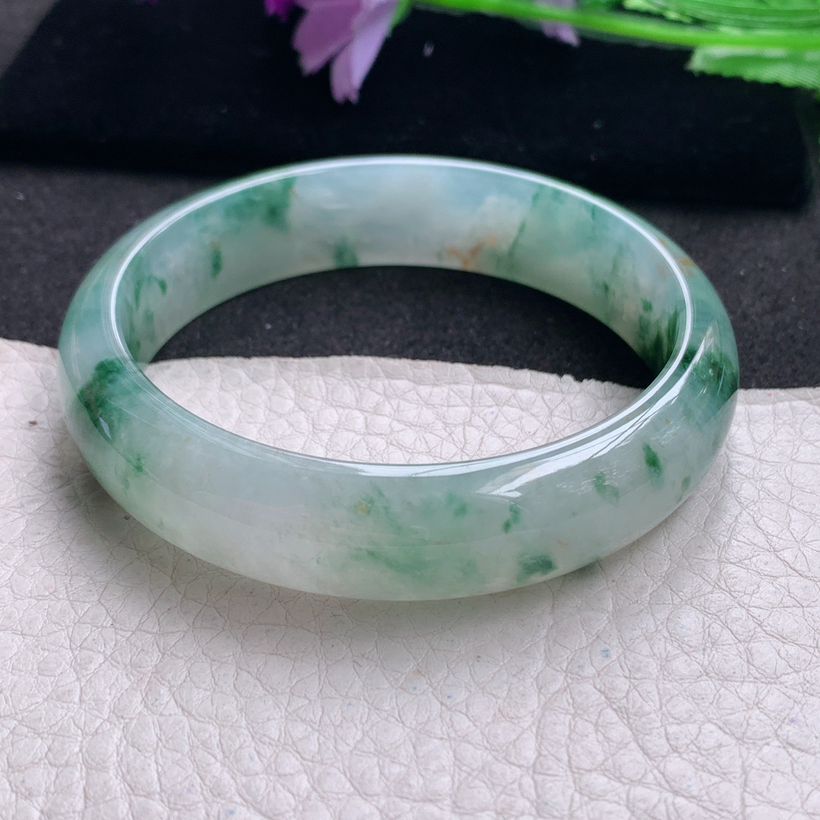 ax收藏款57.5*14.6*7.2平安镯 缅甸翡翠a货玉手镯精美冰飘花正圈玉手环