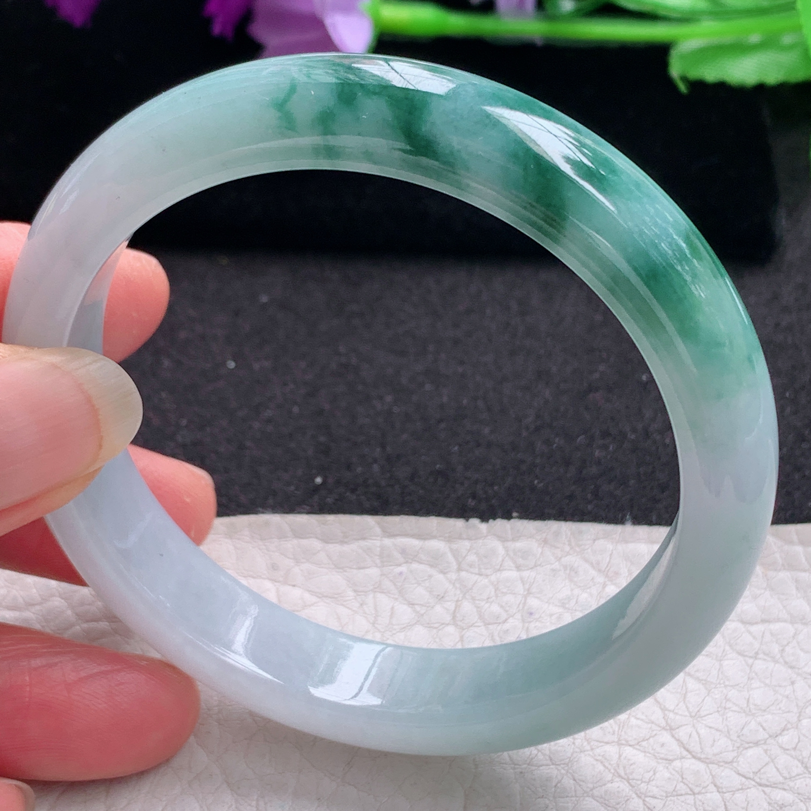 r飘逸款56.5*12*7.6平安镯 天然缅甸翡翠A货手镯飘花胶感正圈玉手环