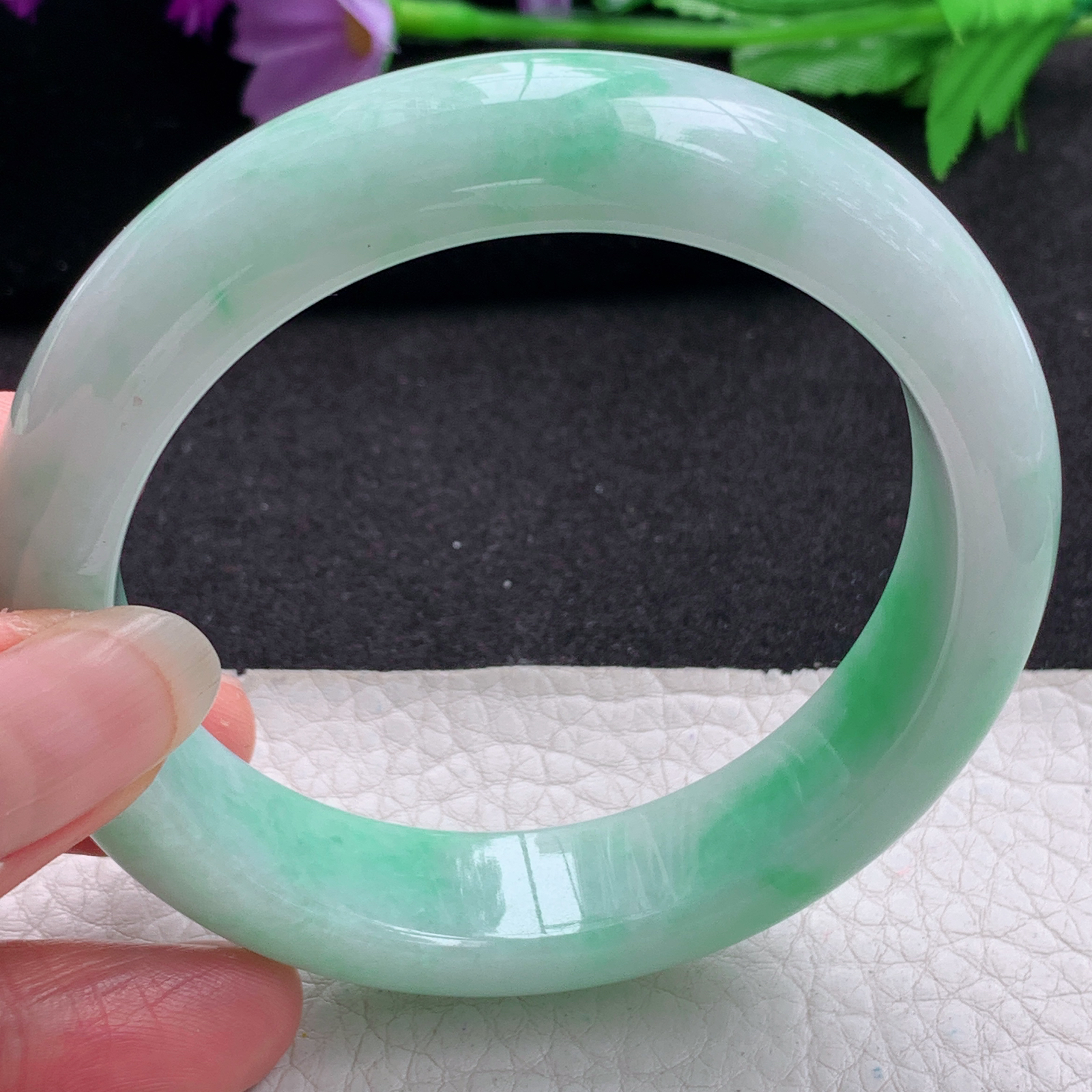 xc实拍59*14.8*9.3平安镯 天然缅甸翡翠A货手镯白底青厚装正圈玉手环